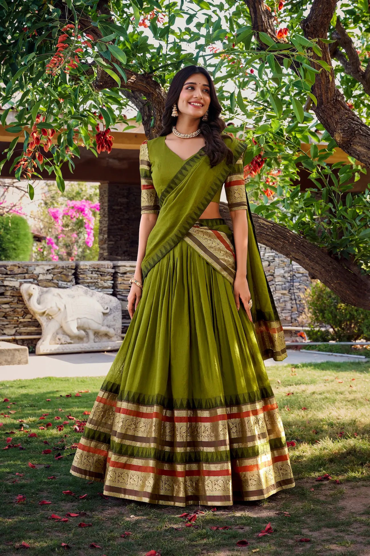 Olive Green Chanderi Lehenga Choli With Zari Weaving Work - qivii