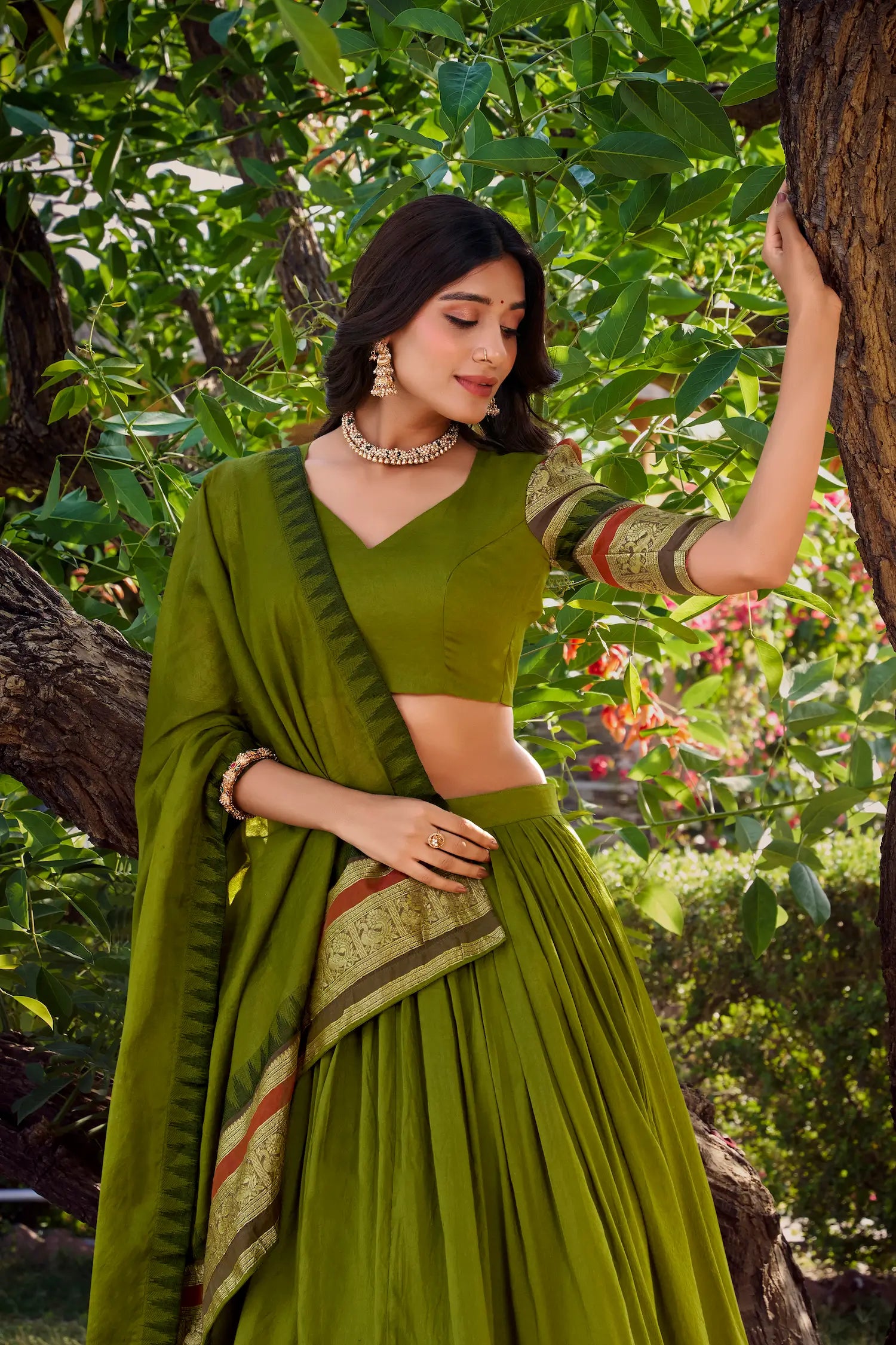 Olive Green Chanderi Lehenga Choli With Zari Weaving Work - qivii