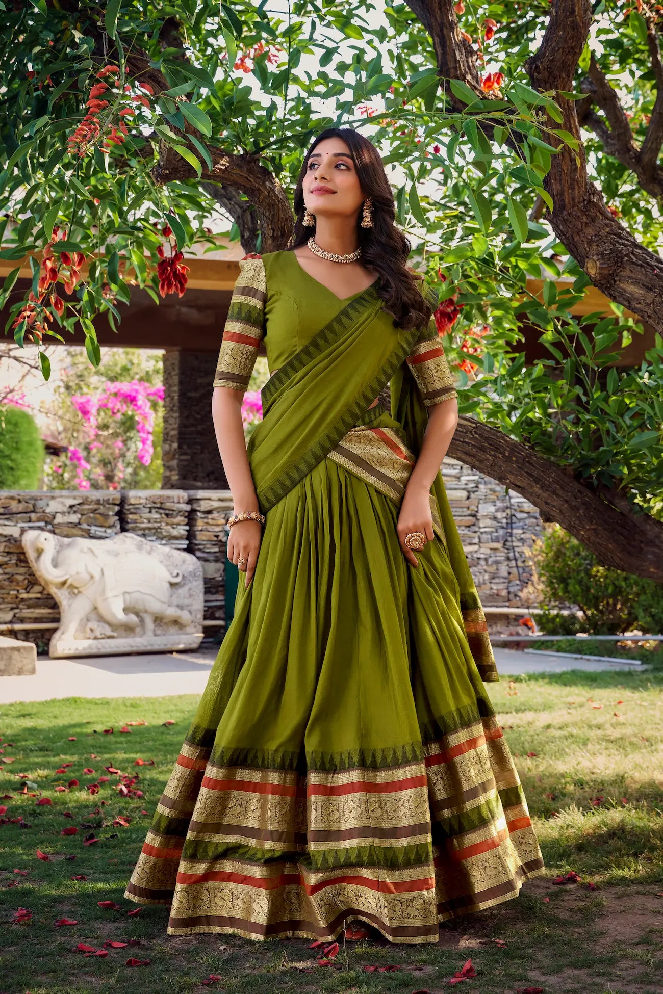 Olive Green Chanderi Lehenga Choli With Zari Weaving Work - qivii