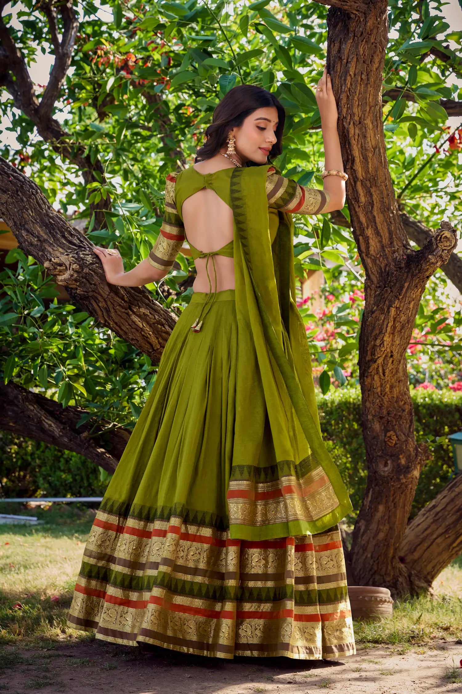 Olive Green Chanderi Lehenga Choli With Zari Weaving Work - qivii