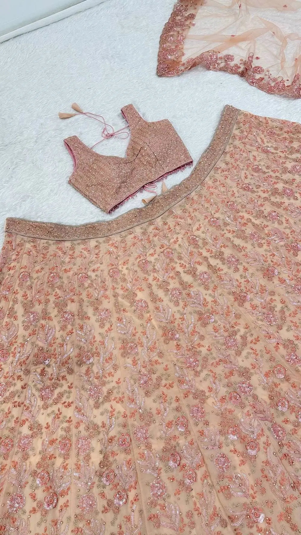 Peach Georgette Lehenga Choli With Embroidery & Pearl Beads Work - qivii