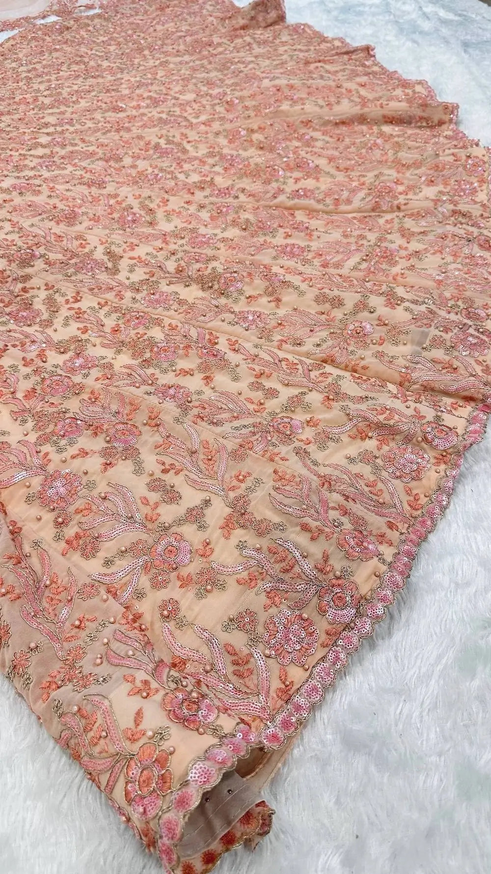 Peach Georgette Lehenga Choli With Embroidery & Pearl Beads Work - qivii