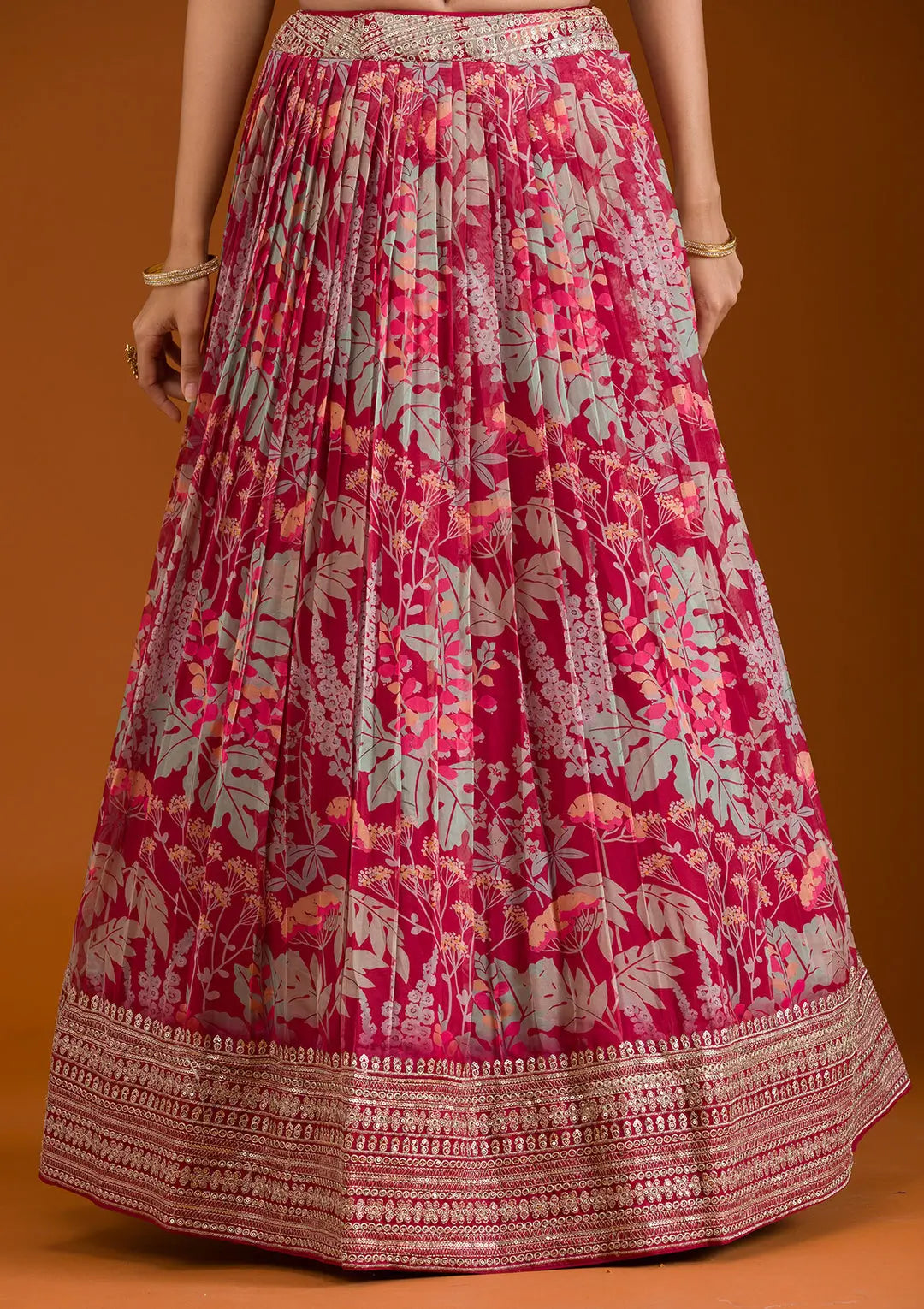 Peach Pink Organza Print With Embroidery Lehenga - qivii