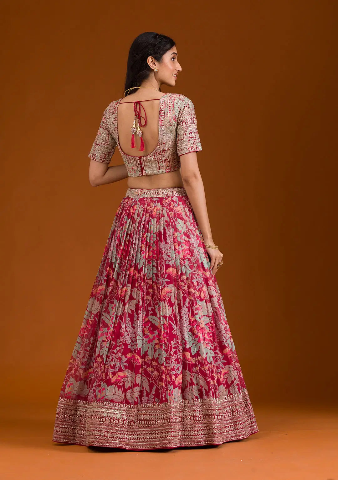 Peach Pink Organza Print With Embroidery Lehenga - qivii