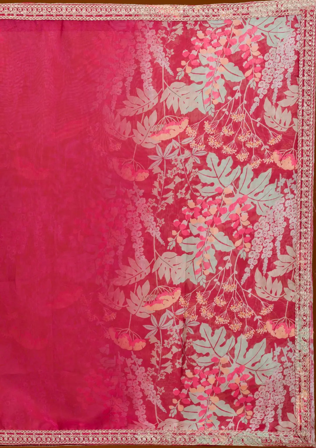 Peach Pink Organza Print With Embroidery Lehenga - qivii