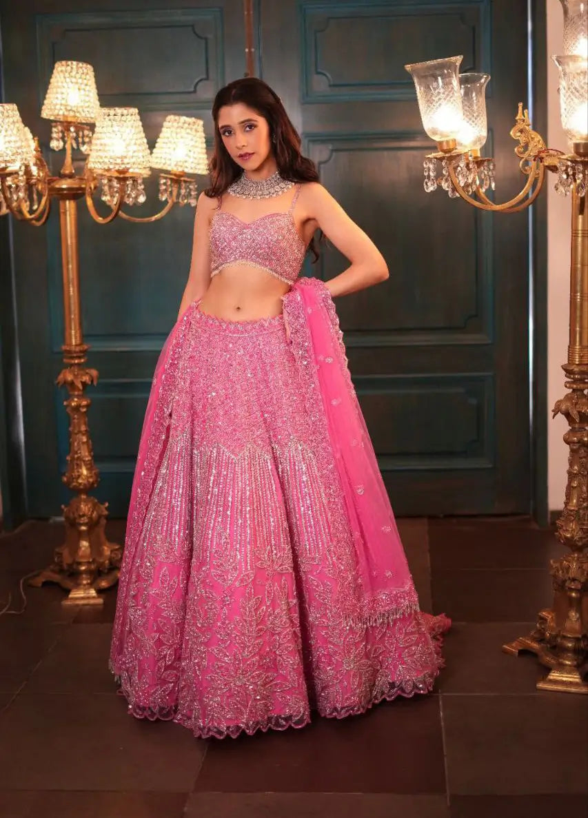 Peach Pink Rainbow Sequins Dori Embroidery Work Net Lehenga Choli - qivii