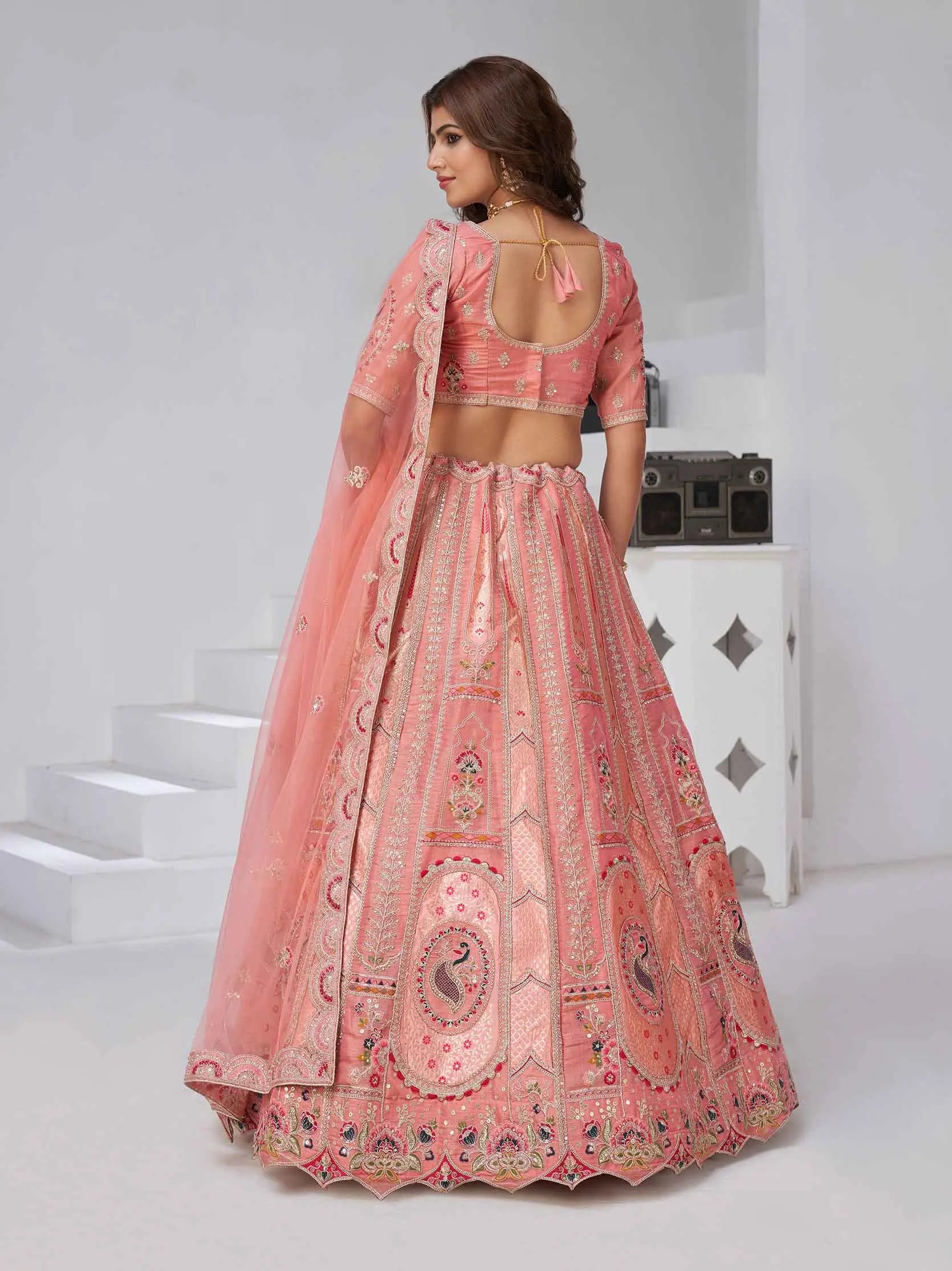 Peachy Pink Silk Lehenga With Zari & Resham Detailing - qivii