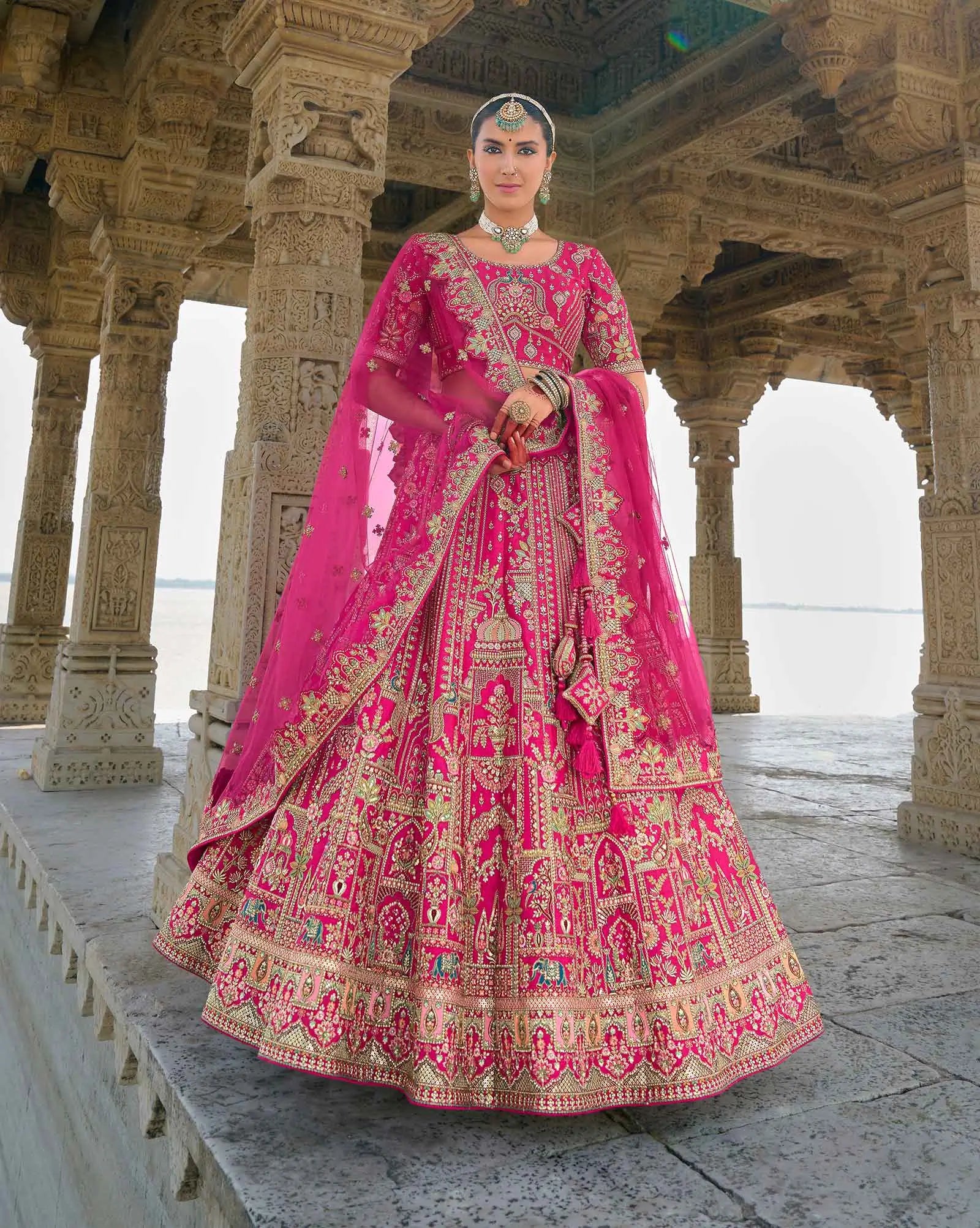 Pink Designer Bridal Lehenga With Heavy Embroidery & 2 Dupatta - qivii