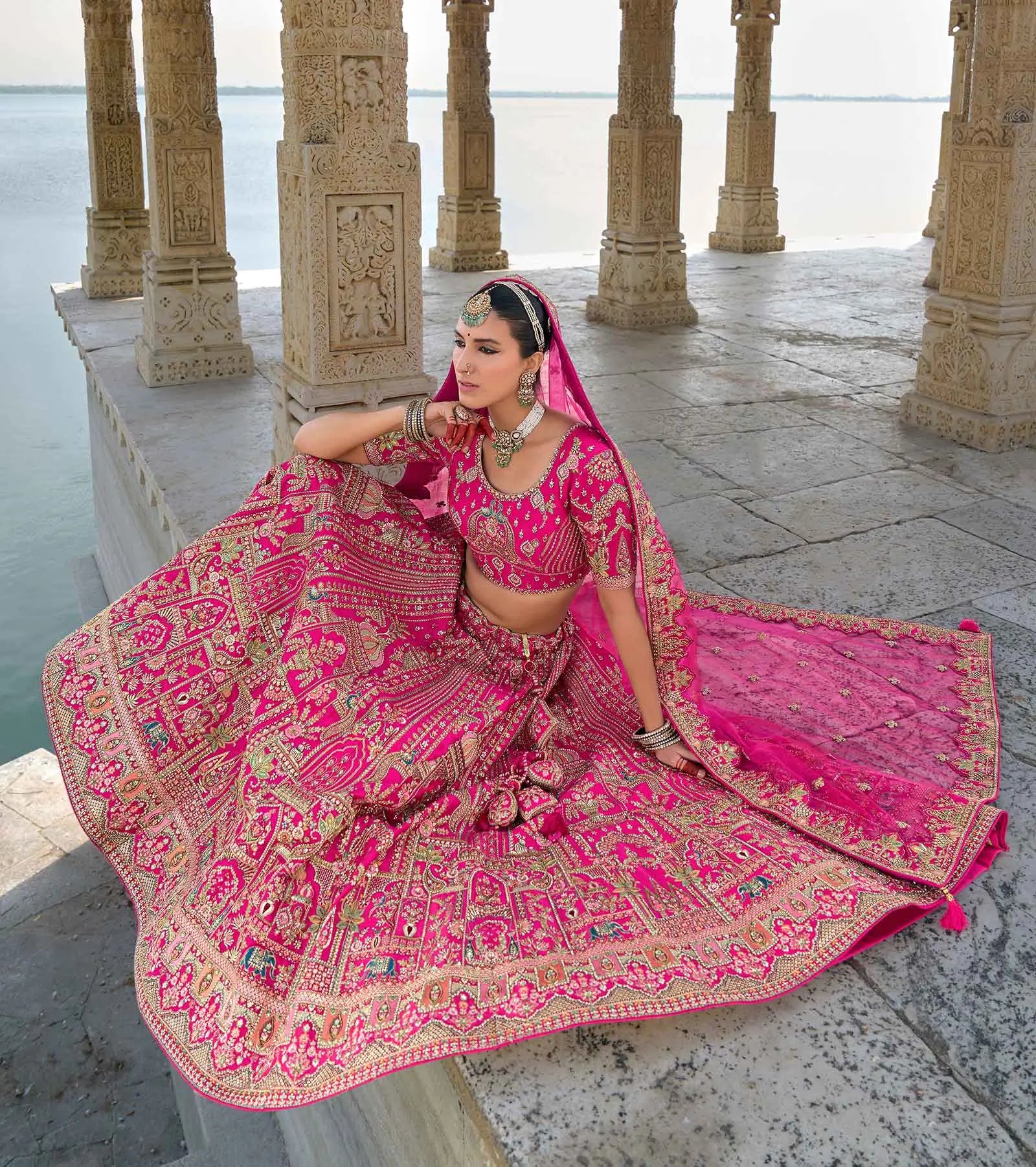 Pink Designer Bridal Lehenga With Heavy Embroidery & 2 Dupatta - qivii