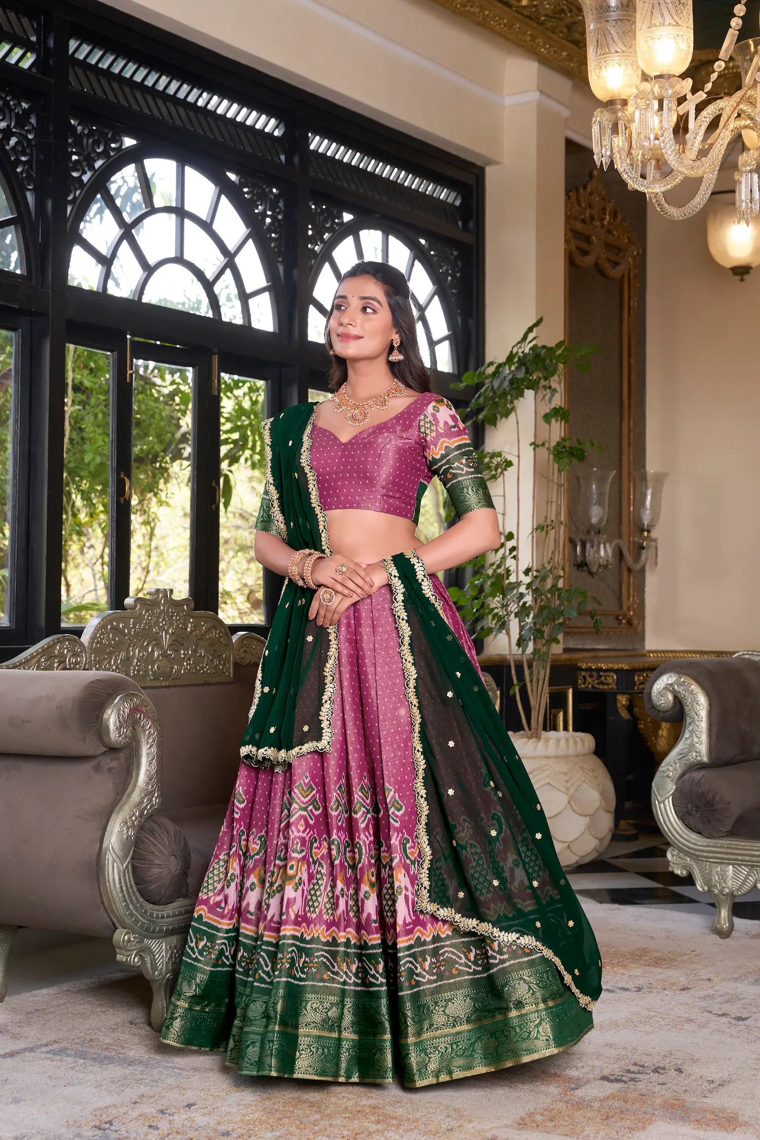 Pink Kanchipuram Silk Lehenga Choli With Digital Print & Embroidery Work - qivii