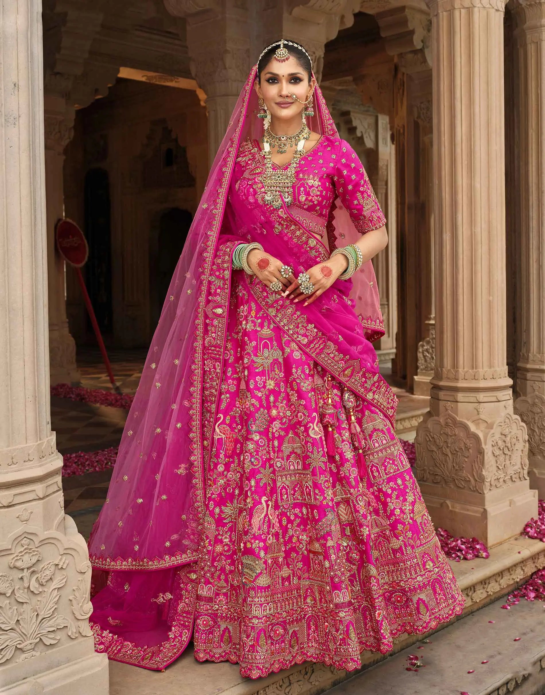 Pink Khatli Embroidery Bridal Lehenga With 2 Dupatta - qivii