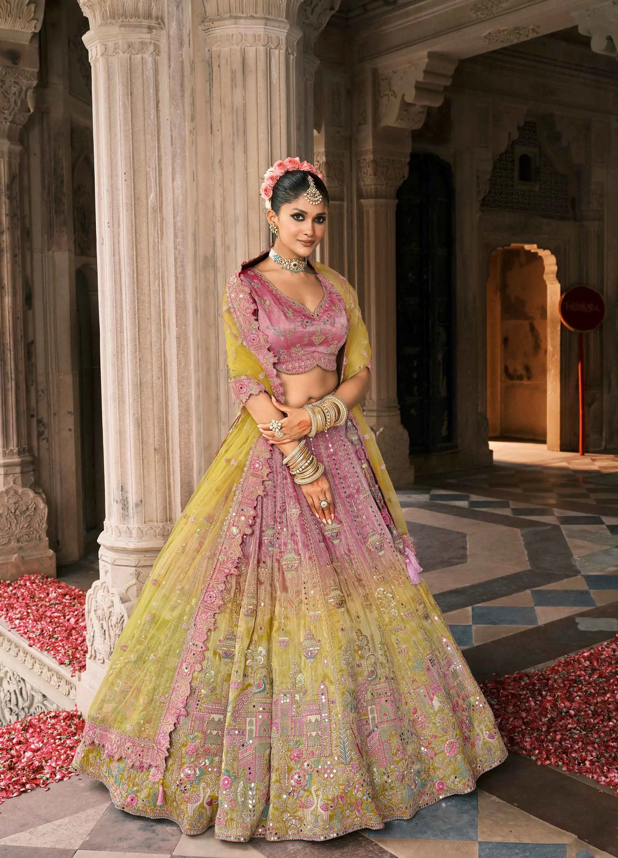 Pink Yellow Bridal Lehenga With Designer Embroidery - qivii
