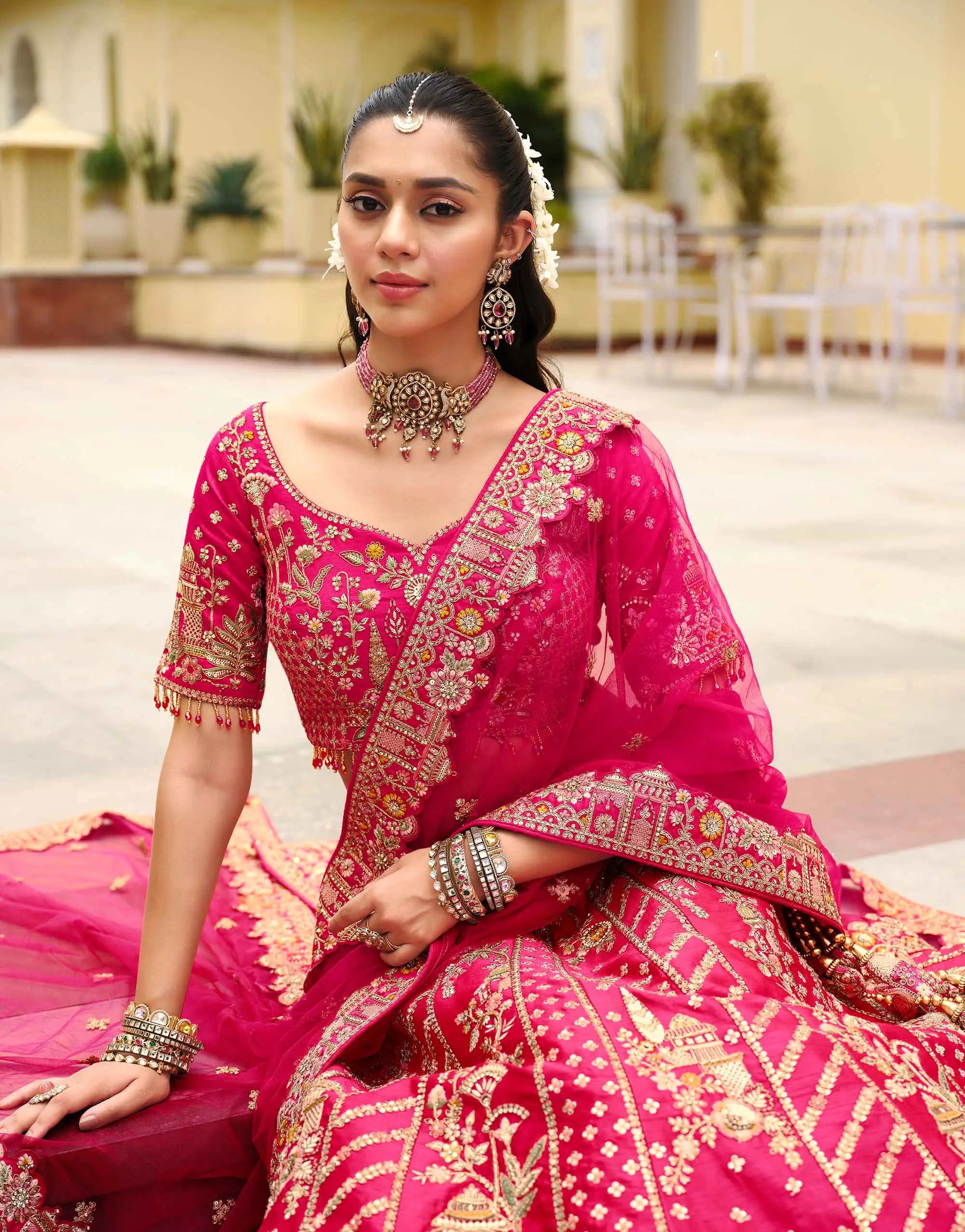 Raspberry Khatli Embroidery Bridal Lehenga With 2 Dupatta - qivii