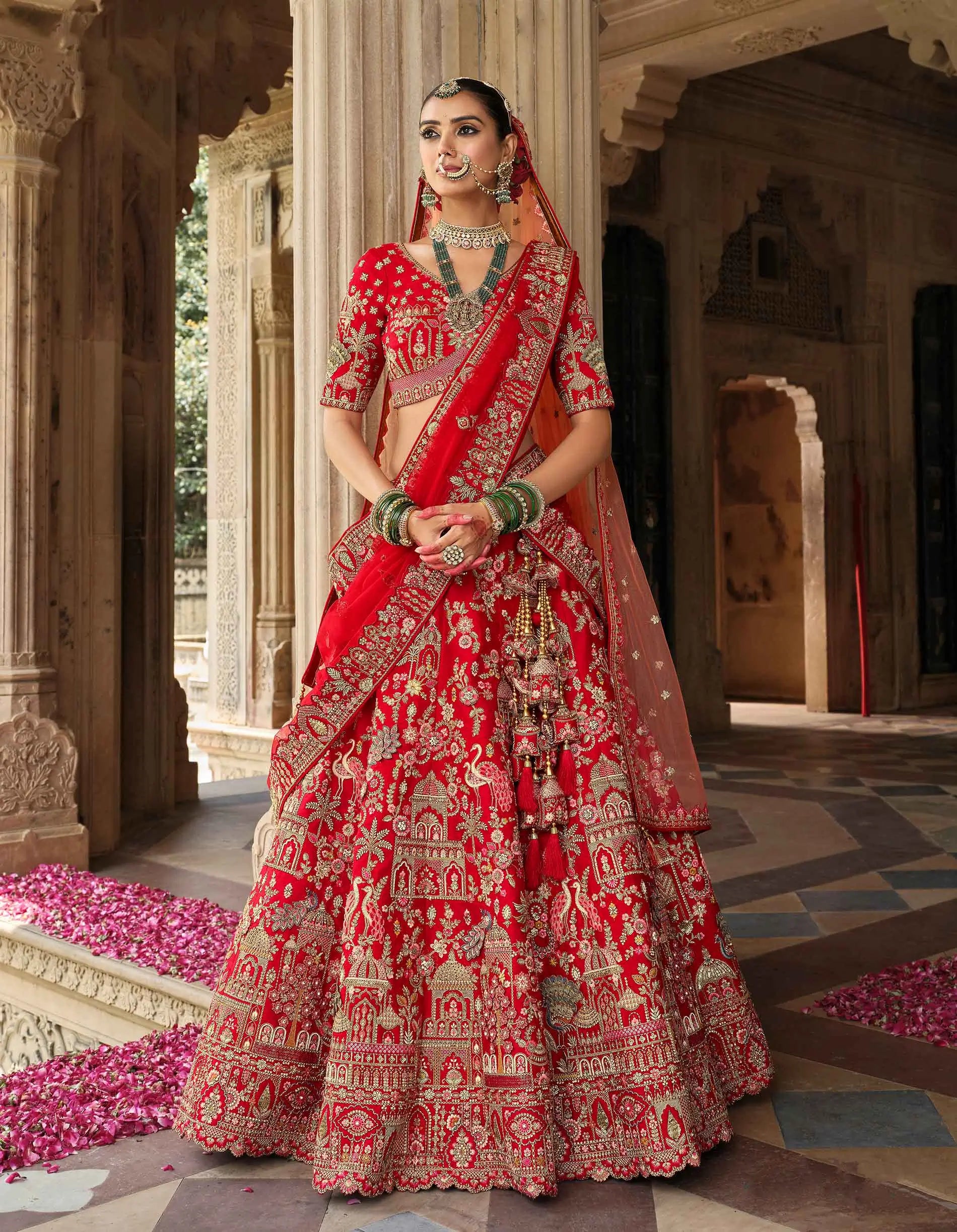Red Bridal Lehenga With Khatli Embroidery & 2 Dupatta - qivii