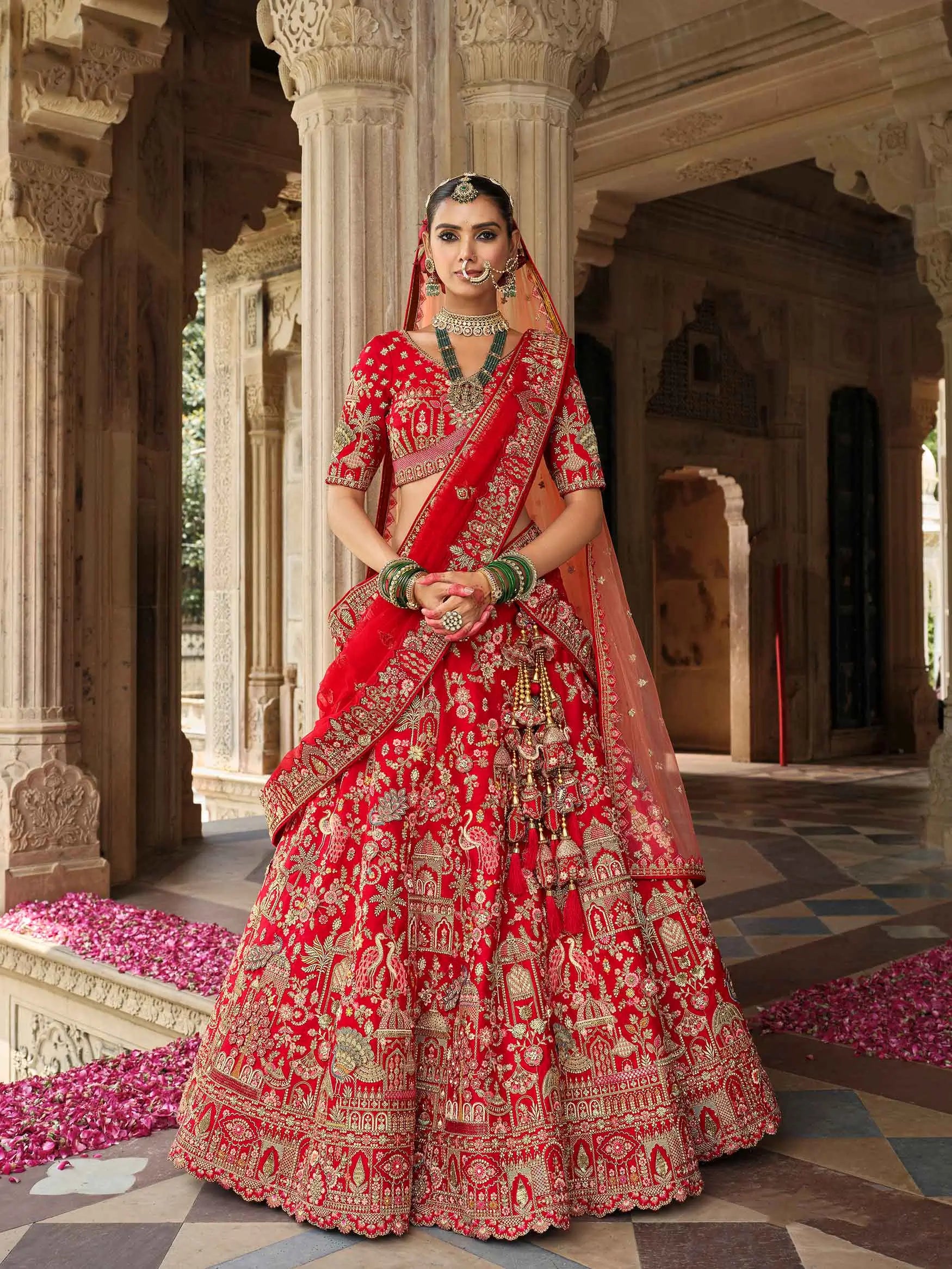 Red Bridal Lehenga With Khatli Embroidery & 2 Dupatta - qivii