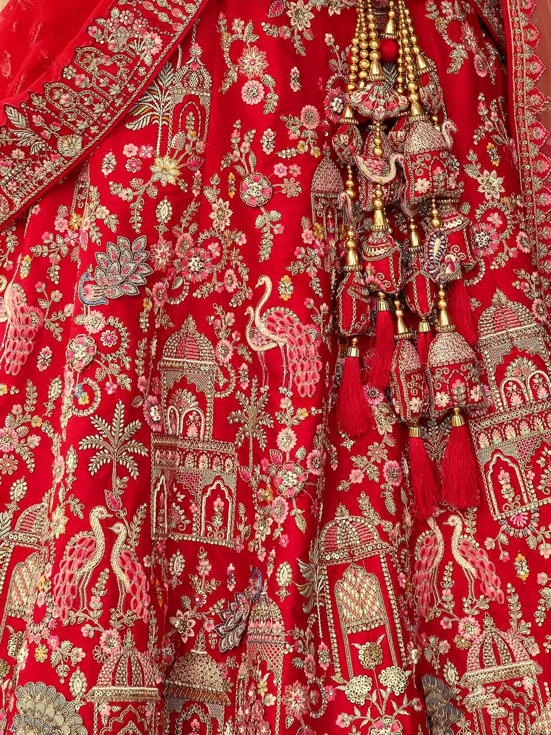 Red Bridal Lehenga With Khatli Embroidery & 2 Dupatta - qivii