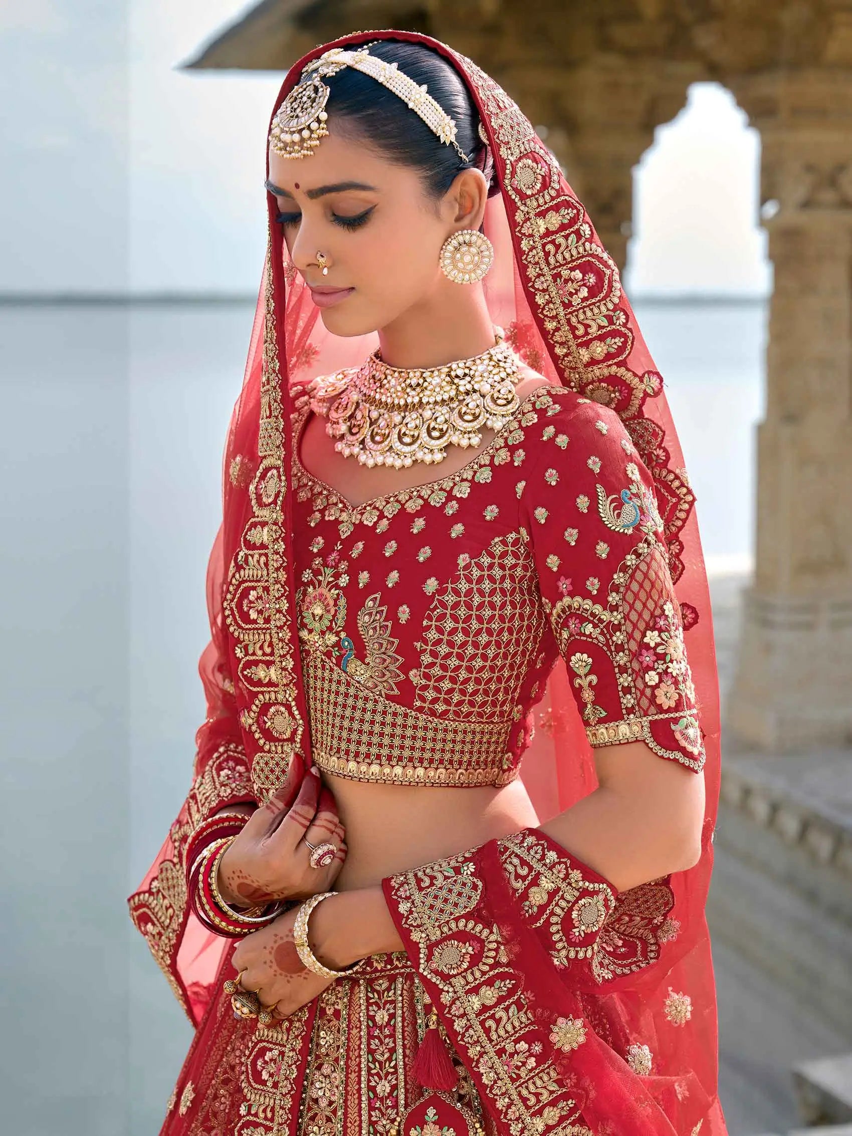 Red Designer Bridal Lehenga With Heavy Embroidery & 2 Dupatta - qivii