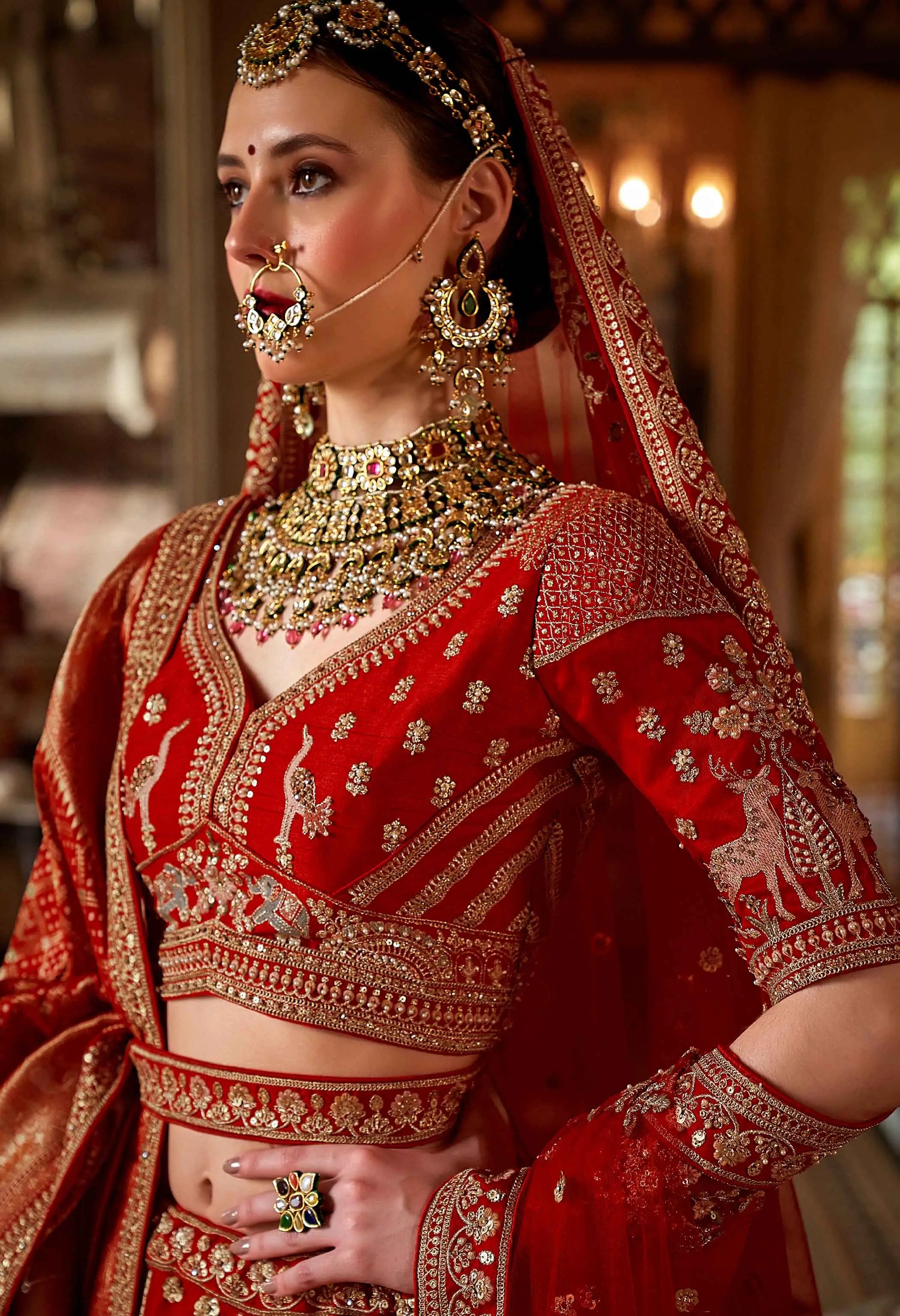 Red Heavy Embroidery & Pearl Work Bridal Lehenga - qivii