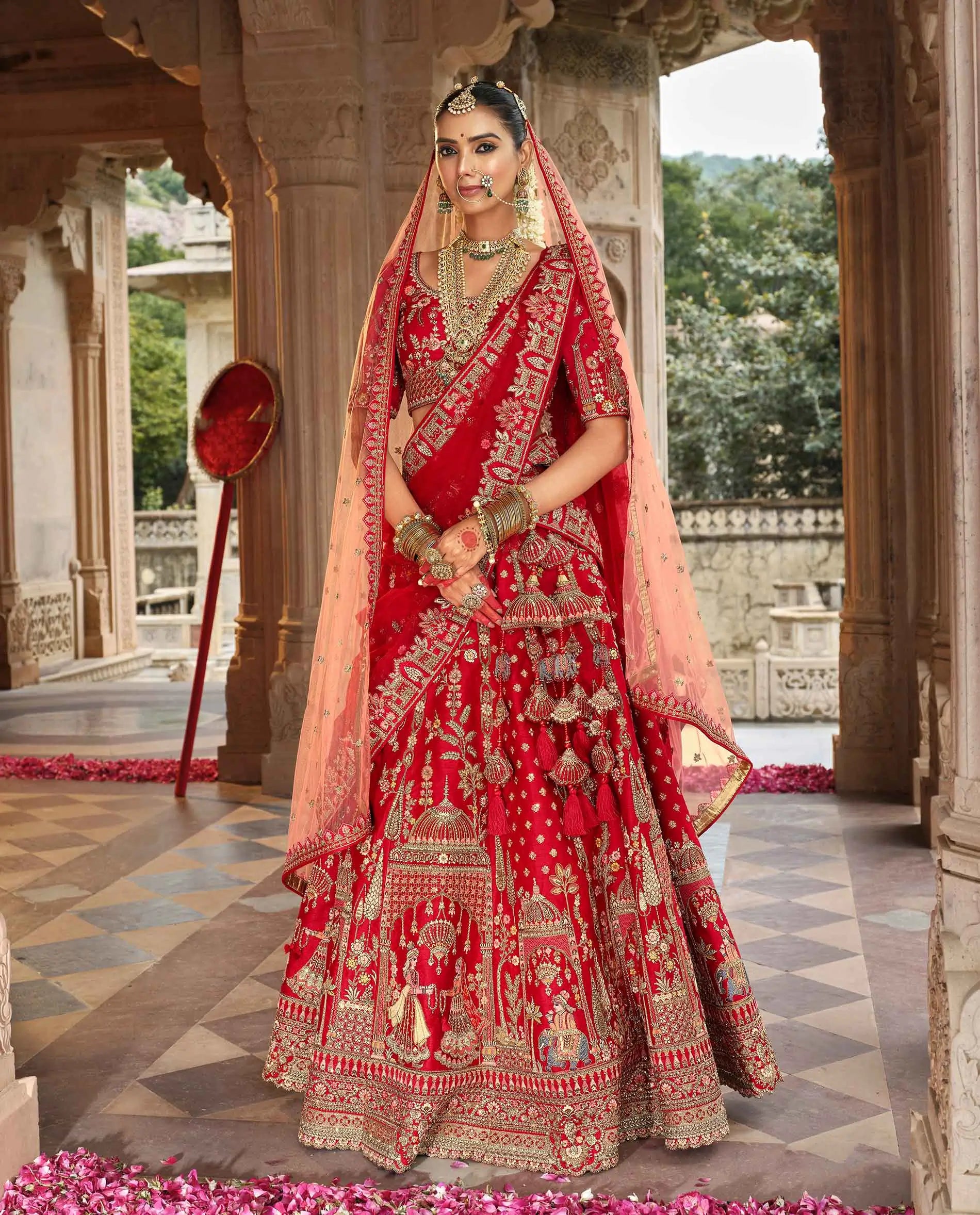 Red Khatli Embroidery Bridal Lehenga With 2 Dupatta - qivii