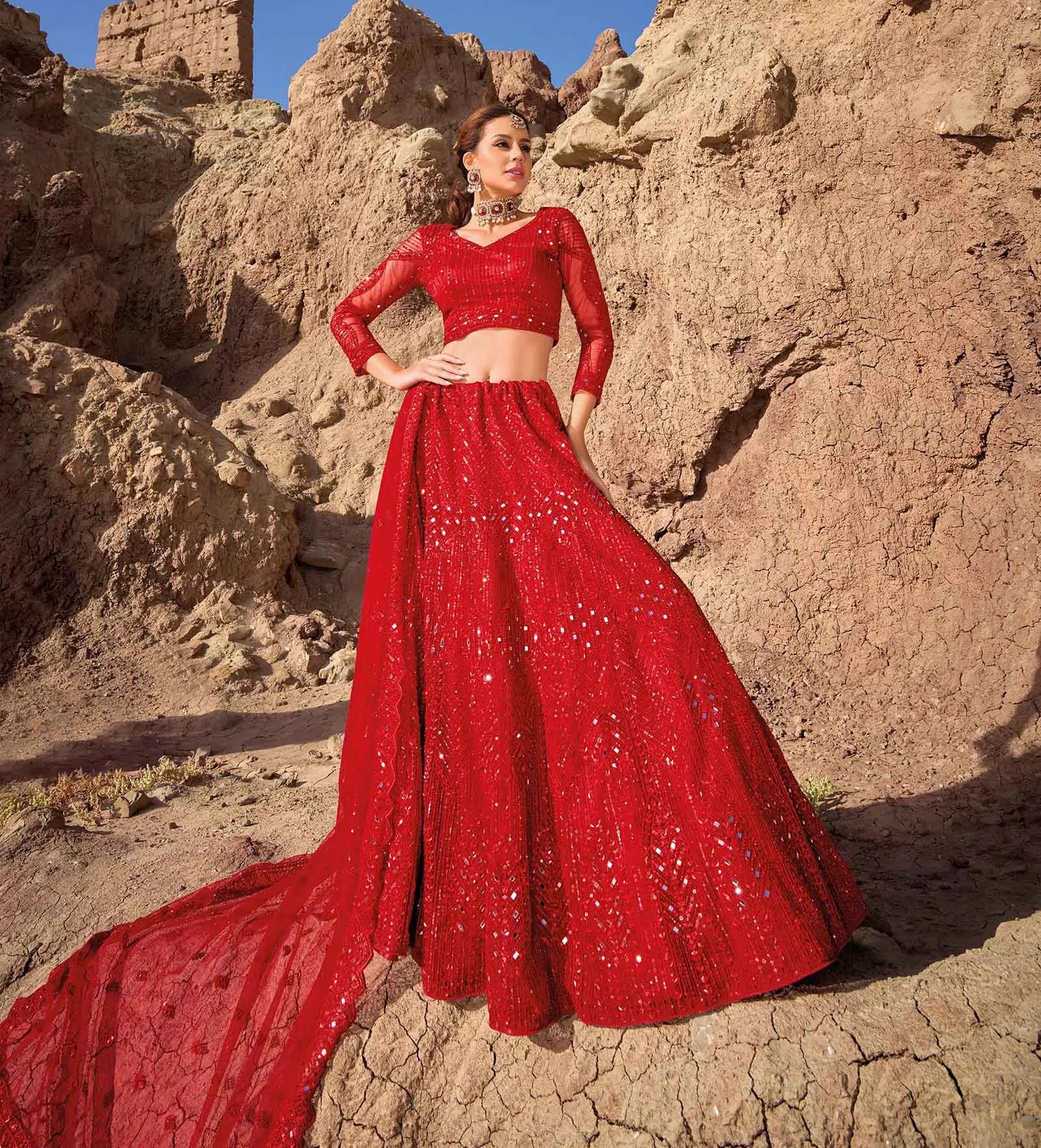 Red Mirror Work With Sequins Embroidery Work Bridal Lehenga - qivii