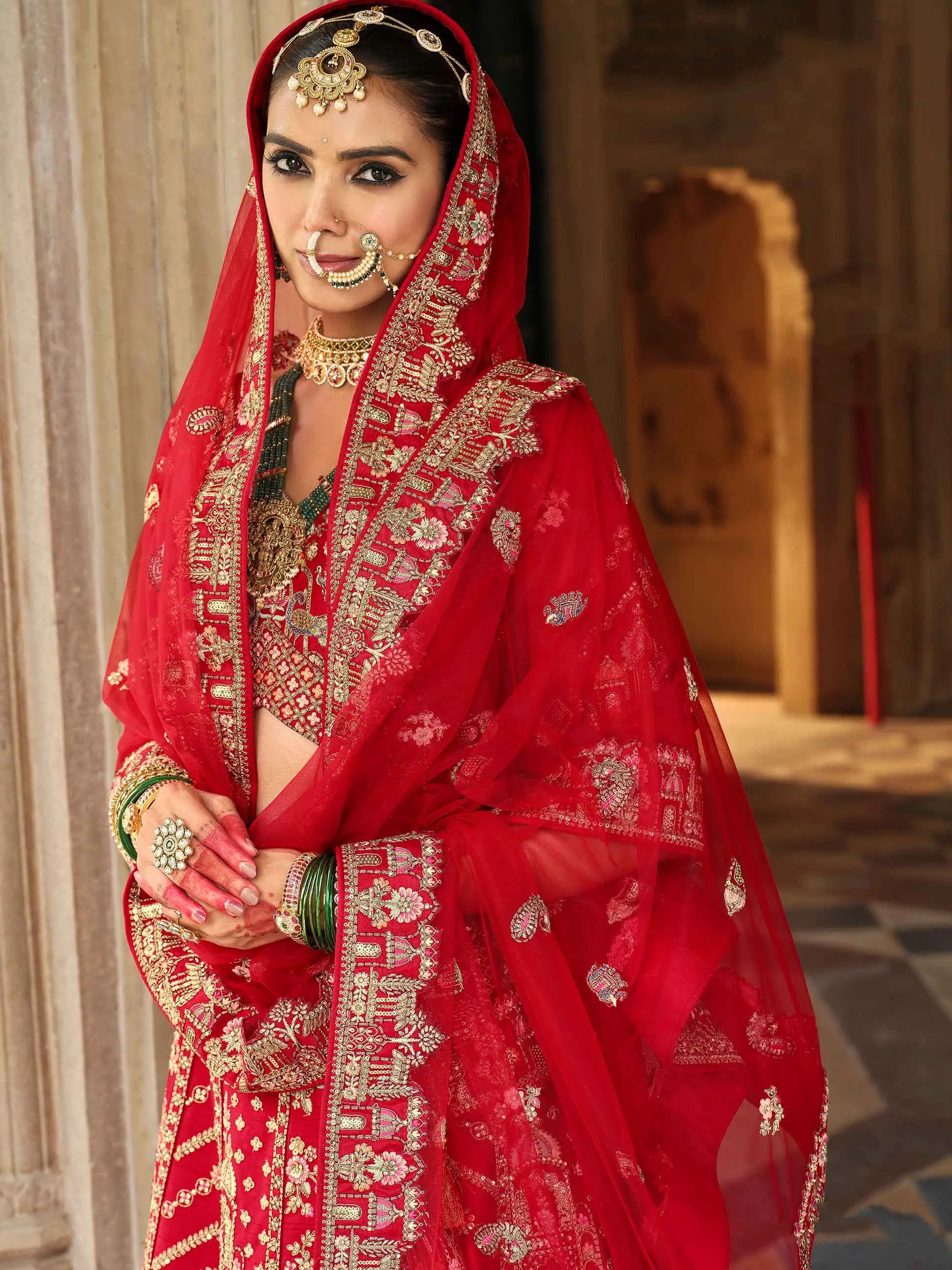 Scarlet Red Khatli Embroidery Bridal Lehenga & 2 Dupatta - qivii