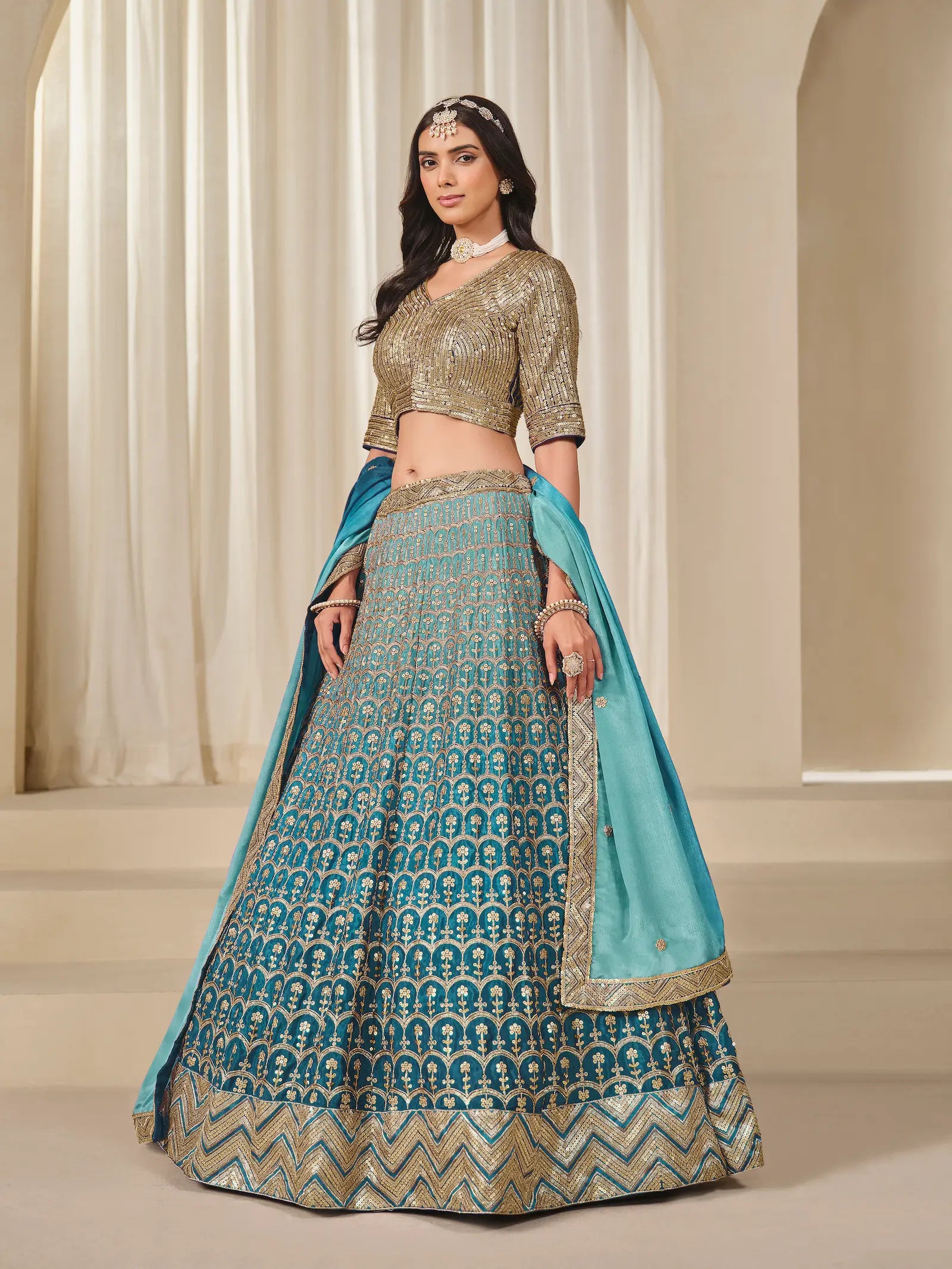 Shaded Blue Chinon Silk Embroidery Work Lehenga Choli - qivii