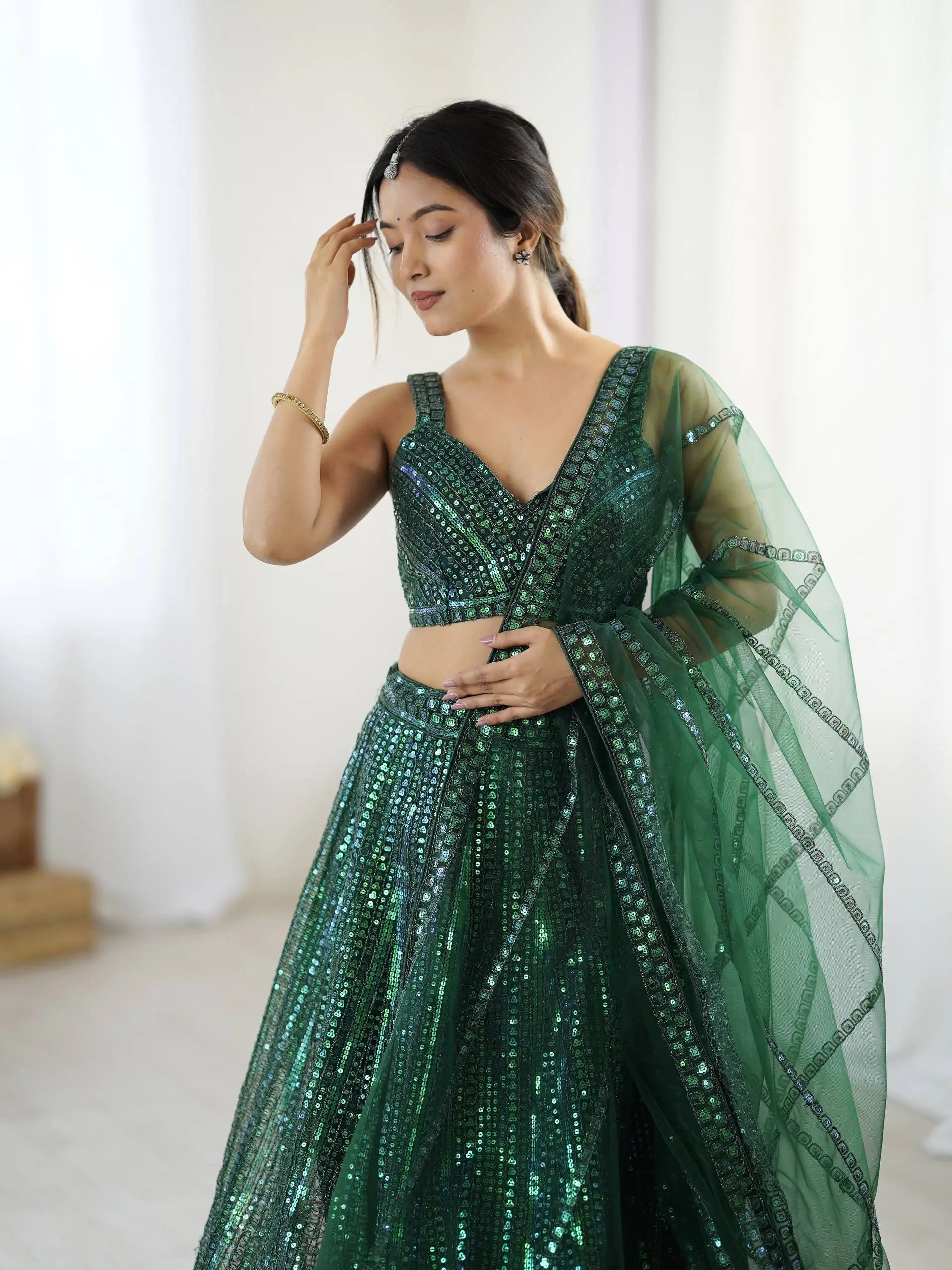 Sparkly Green Net Lehenga Choli With Sequins & Dori Work - qivii