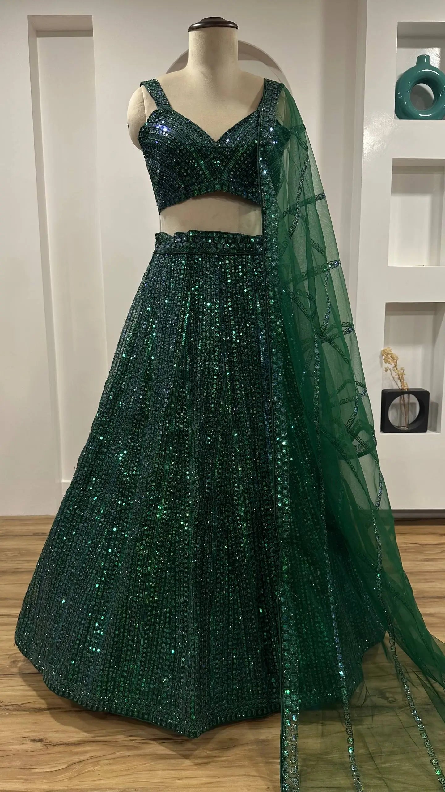 Sparkly Green Net Lehenga Choli With Sequins & Dori Work - qivii