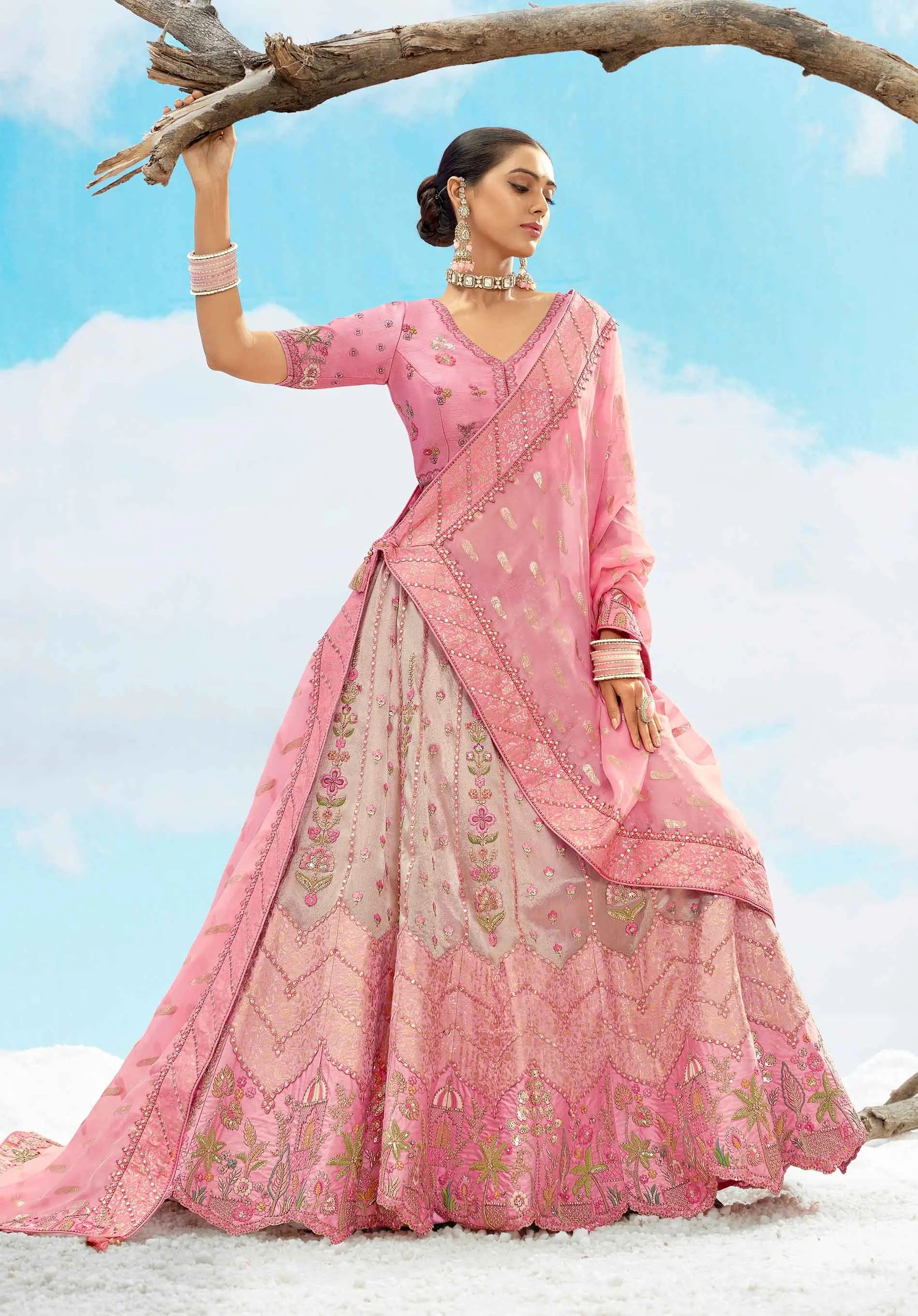Sweet Pink Beautiful Sequins Floral Embroidery Work Lehenga For Bride - qivii