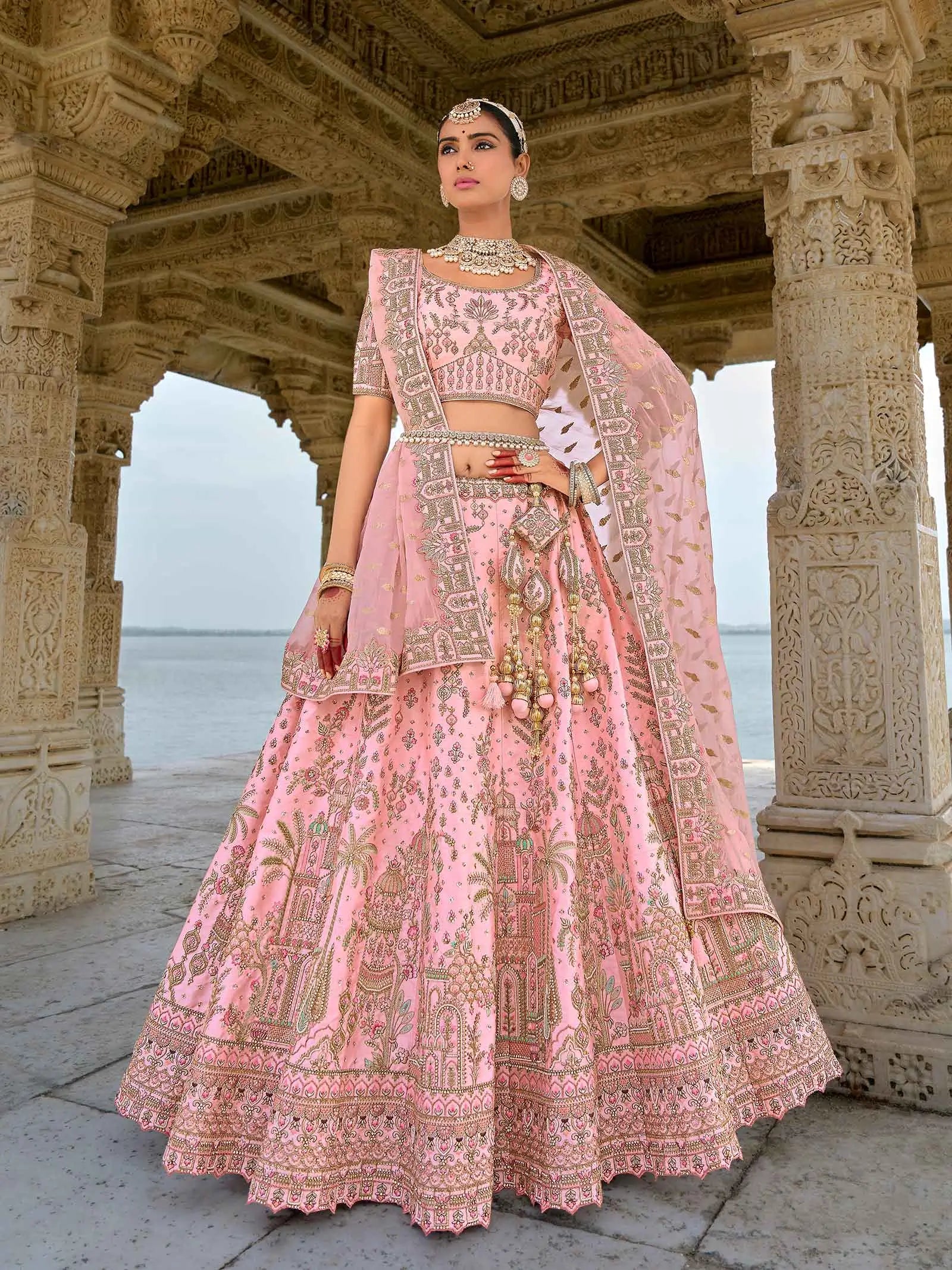 Tea Rose Designer Bridal Lehenga With Heavy Embroidery & 2 Dupatta - qivii