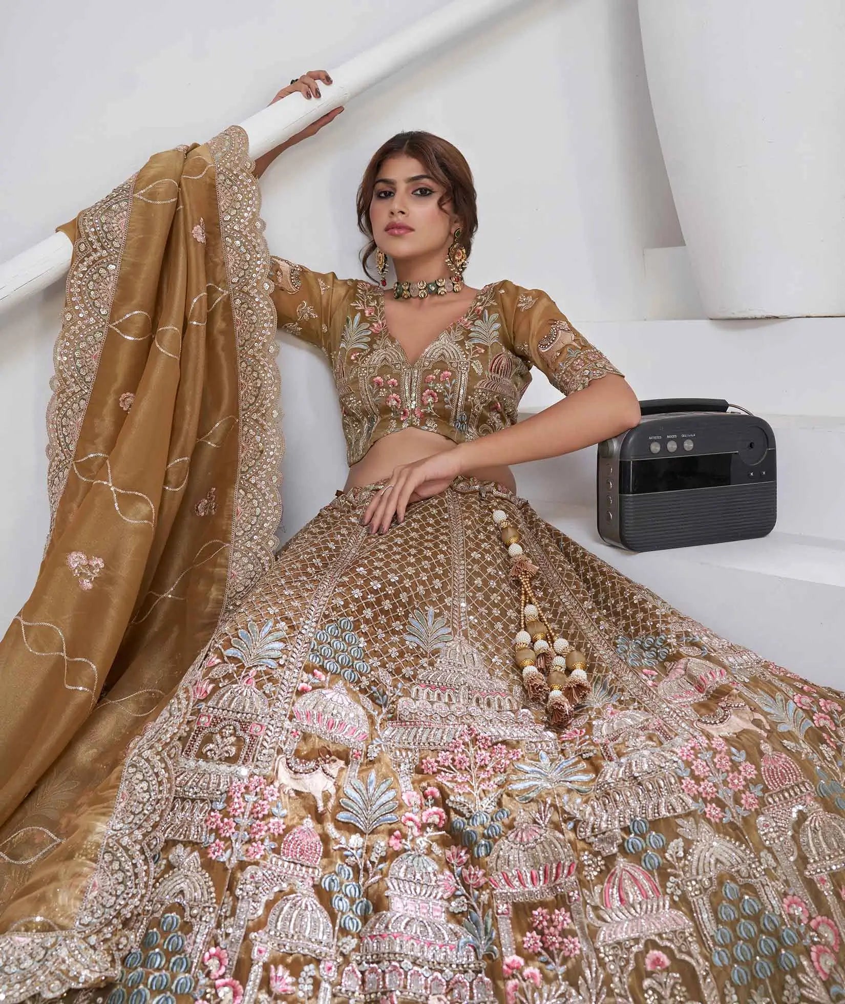 Traditional Bridal Lehenga With Temple & Cow Motifs - qivii