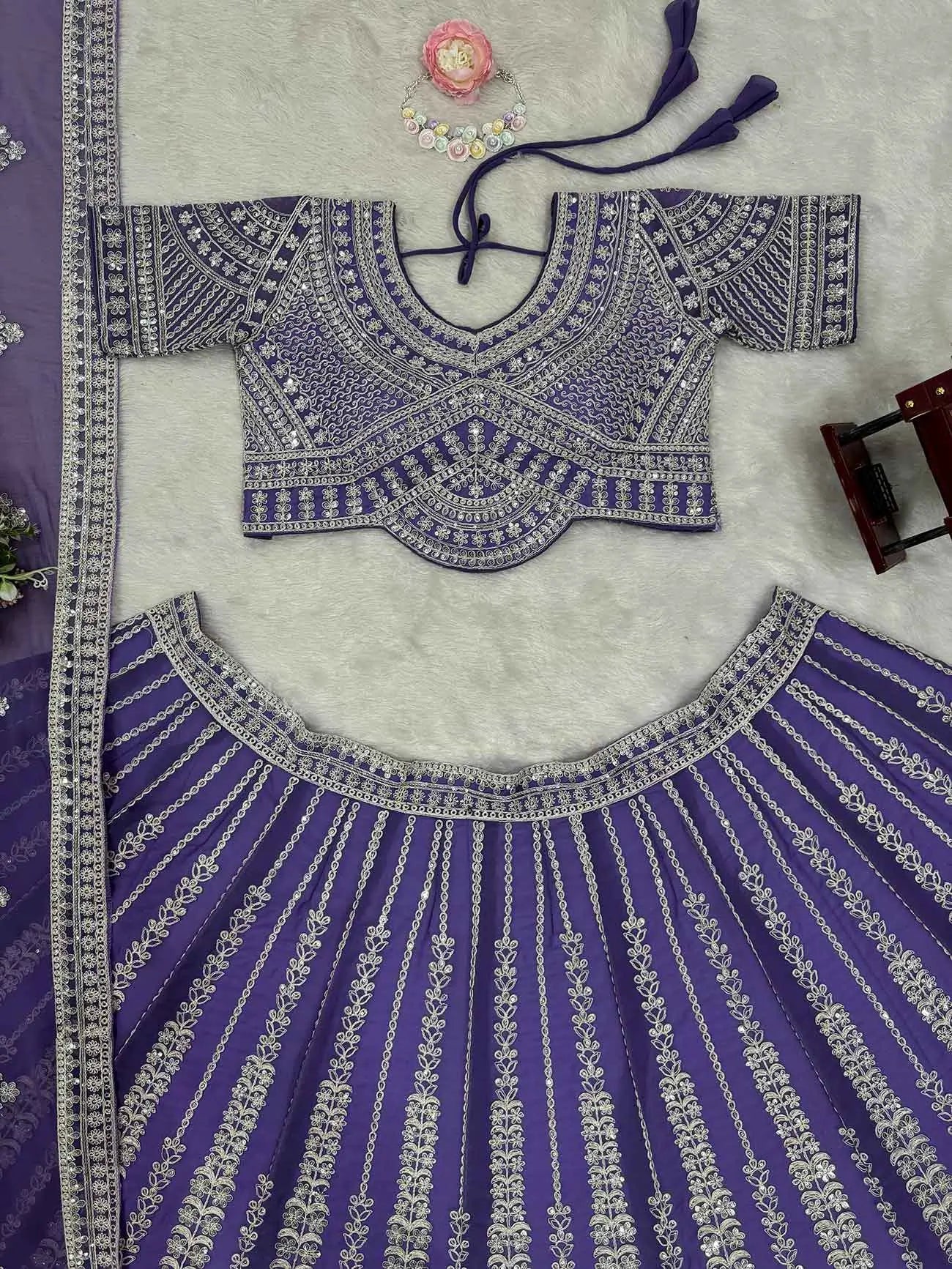 Twilight Purple Cording Embroidery Work Lehenga With Dupatta - qivii