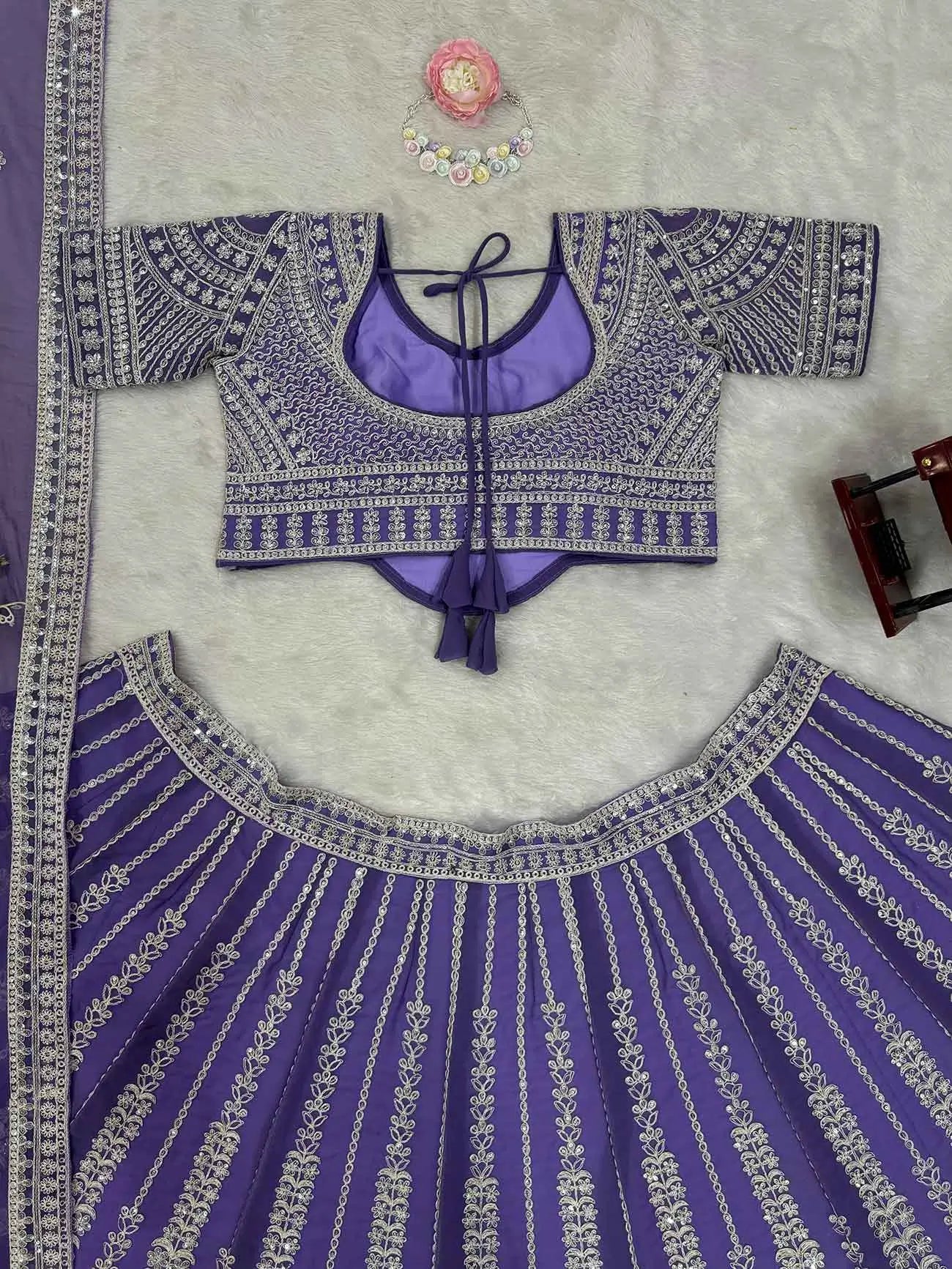 Twilight Purple Cording Embroidery Work Lehenga With Dupatta - qivii