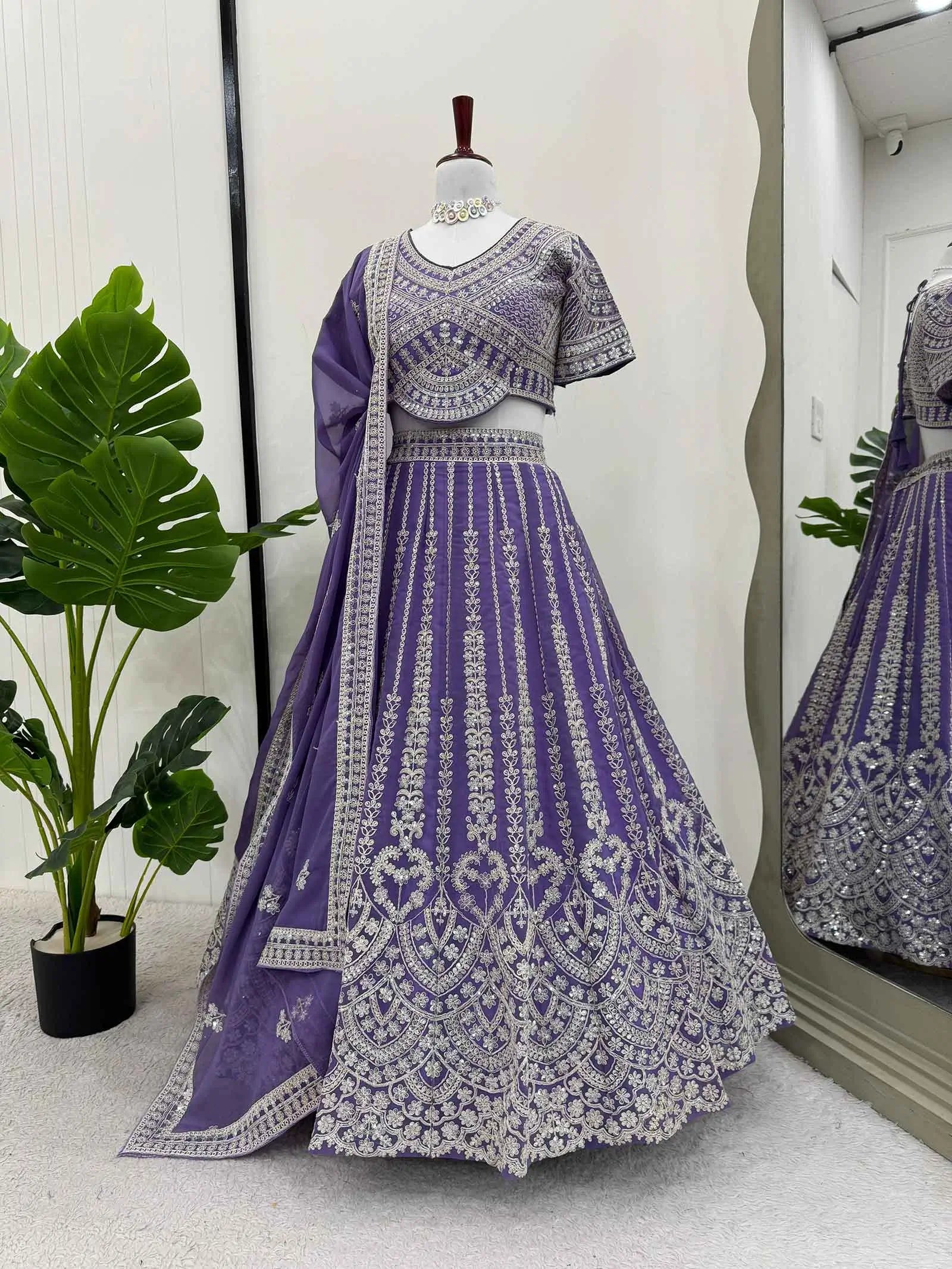 Twilight Purple Cording Embroidery Work Lehenga With Dupatta - qivii