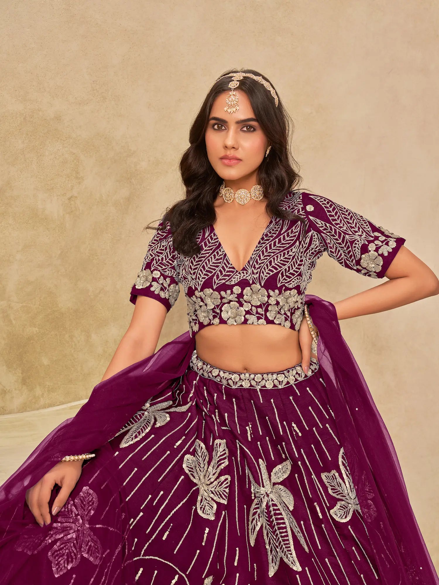 Wine Art Silk Lehenga Choli With Sequins Embroidery - qivii