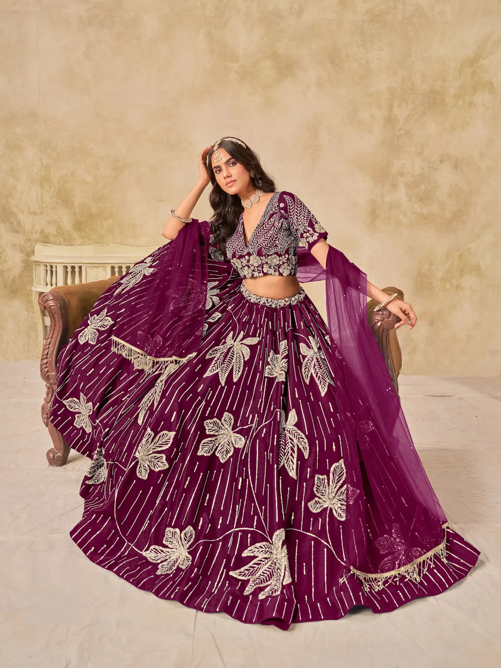 Wine Art Silk Lehenga Choli With Sequins Embroidery - qivii