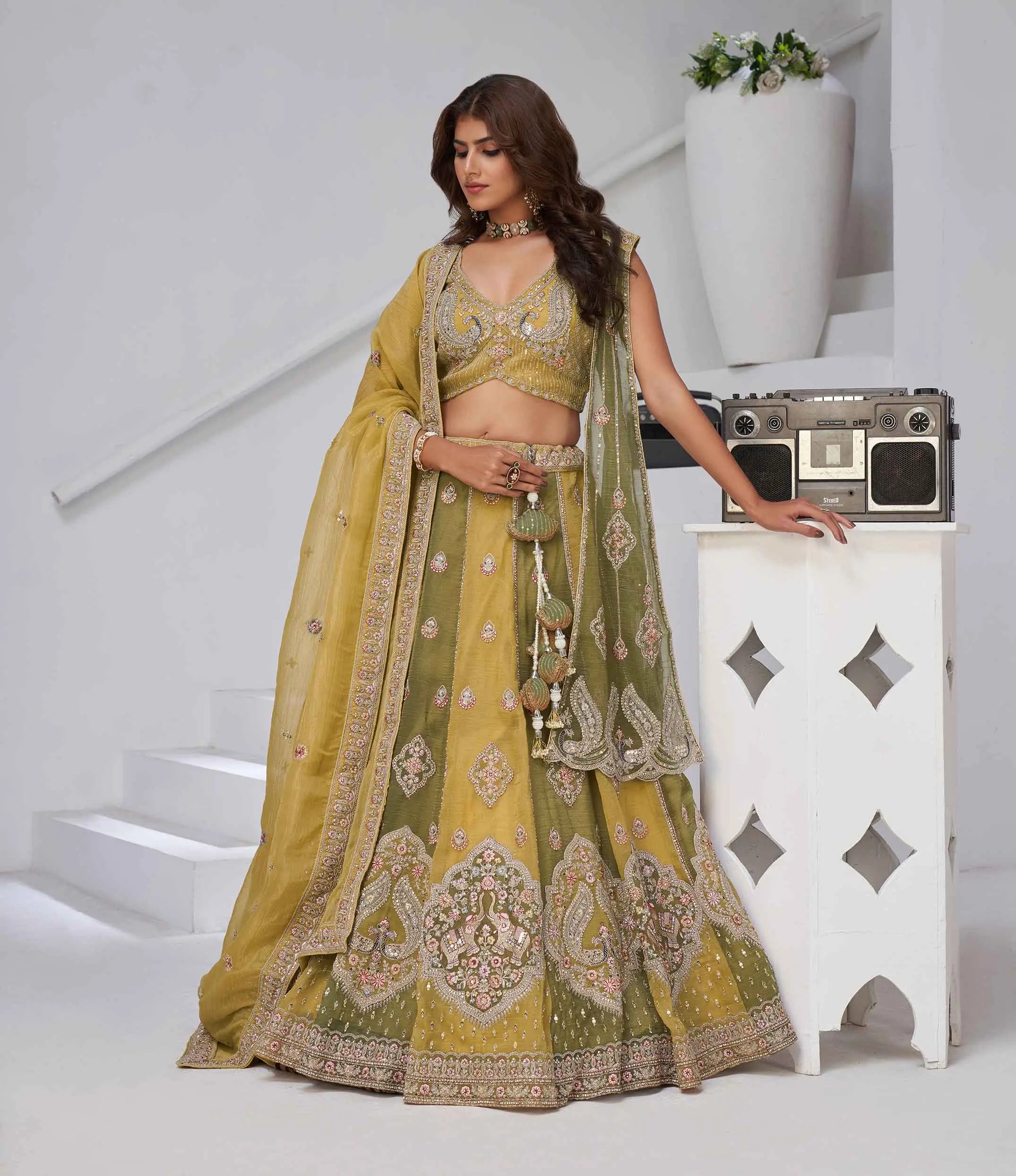 Yellow Lehenga With Dupatta & Elephant Peacock Motifs - qivii