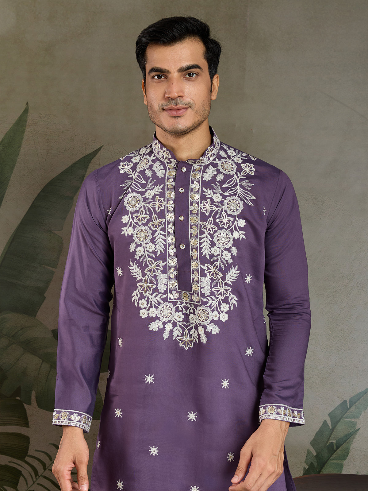 Men's Pastel Purple Embroidered Wedding Kurta In Rayon - qivii