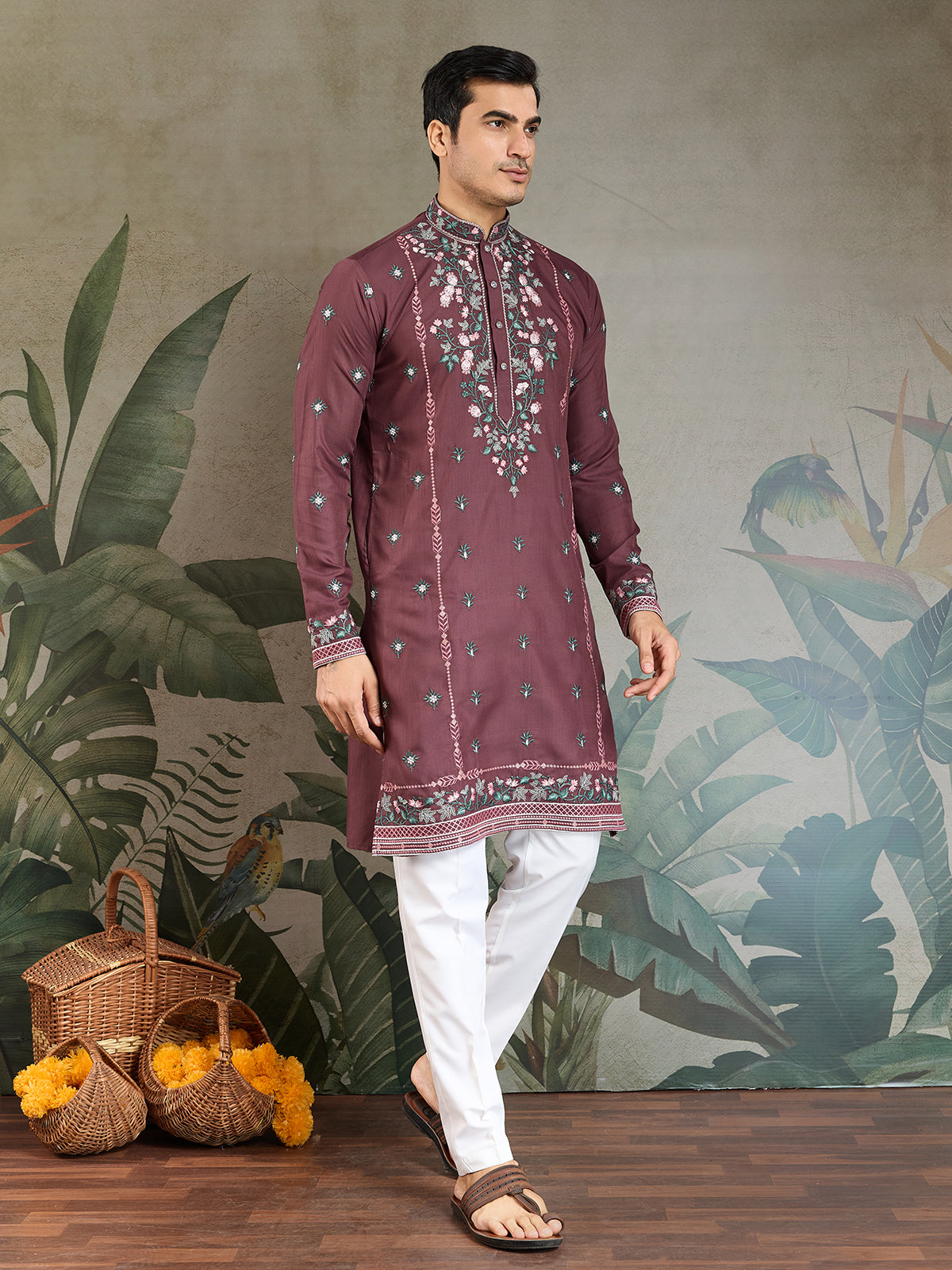 Occasion Style Pastel Chocolate Viscose Silk Men's Kurta - qivii