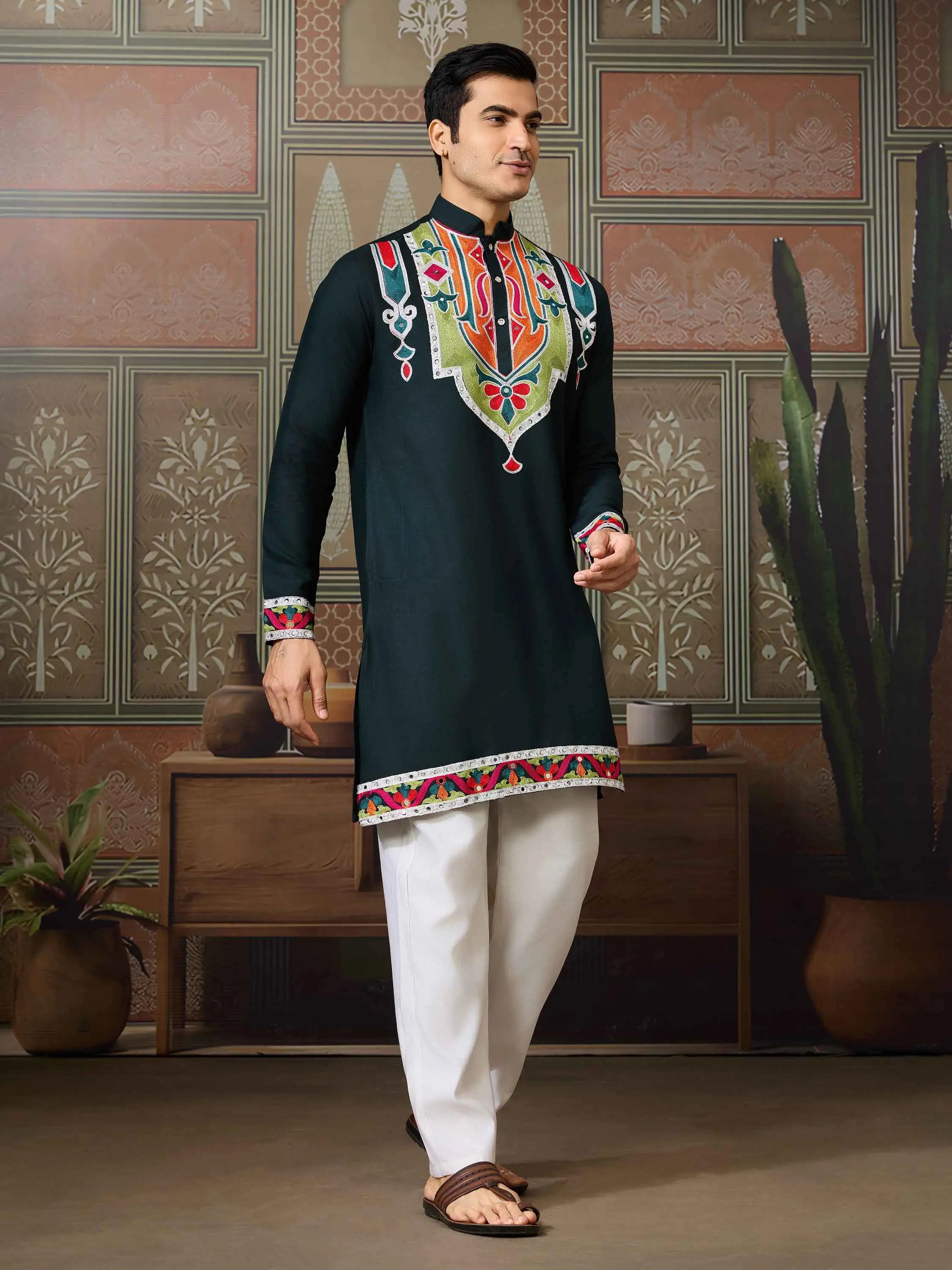 Dark Green Navratri Kurta Set Multi Thread And Real Mirror Work