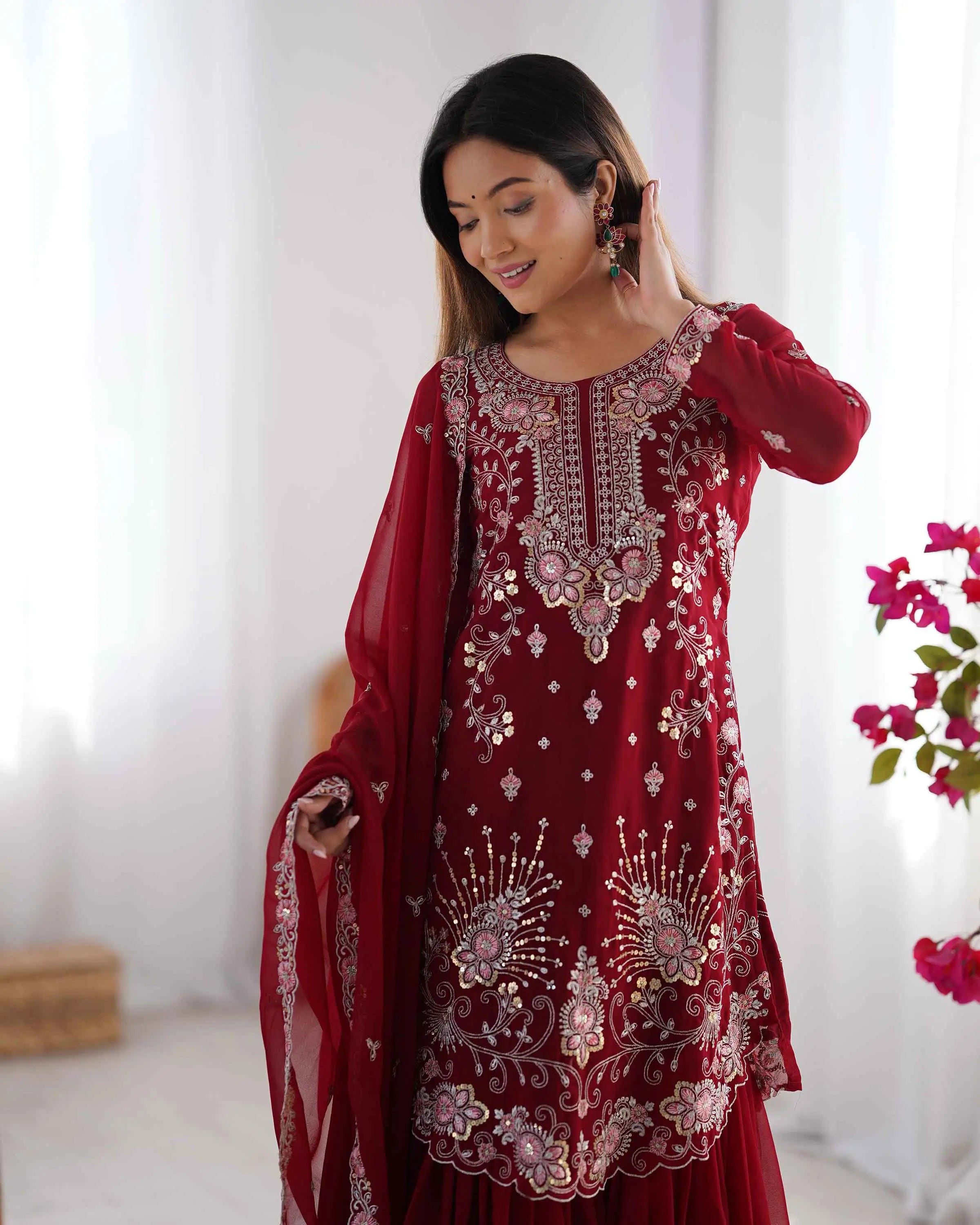 Merlot Red Sequins Embroidery Work Sharara Set With Dupatta