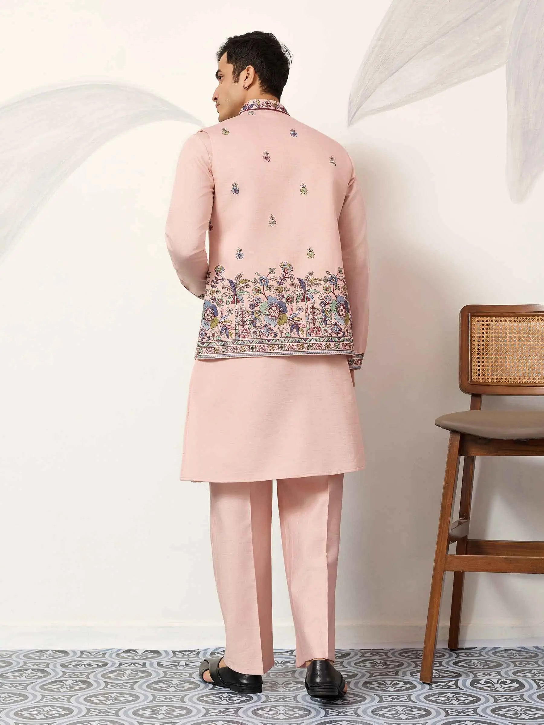 Peach Kurta Set With Embroidered Koti