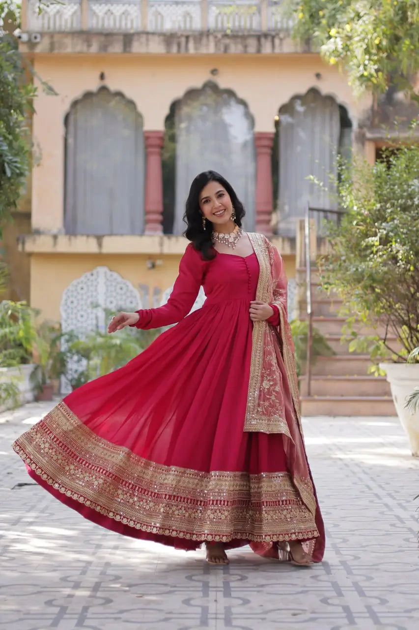 Pink Shimmer Vichitra Rich Sequins Embroidered Gown With Heavy Dupatta