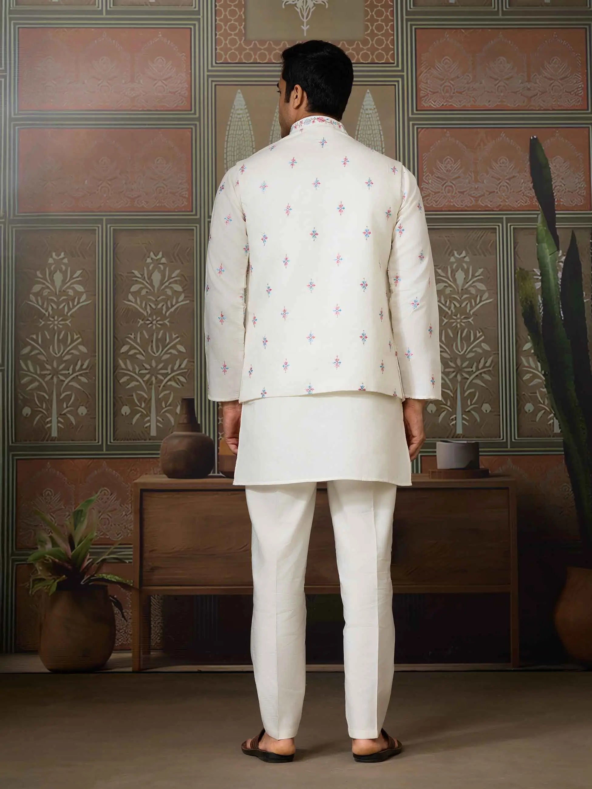 White Multi Thread Sequins Embroidery Work Wedding Wear Kurta And Jacket