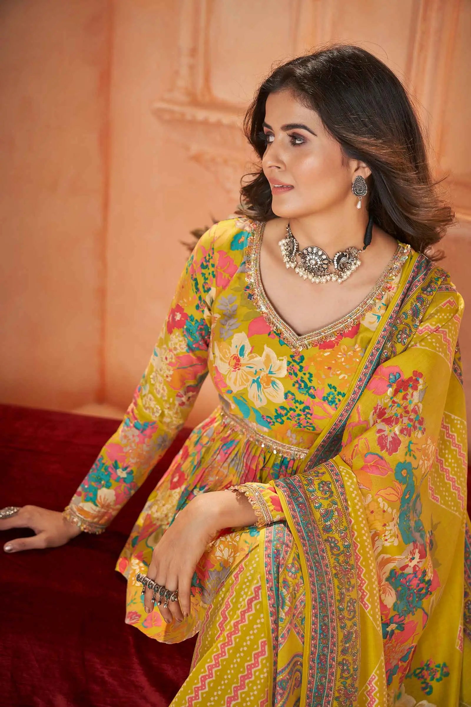 Yellow Digital Floral Print Silk Salwar Suit