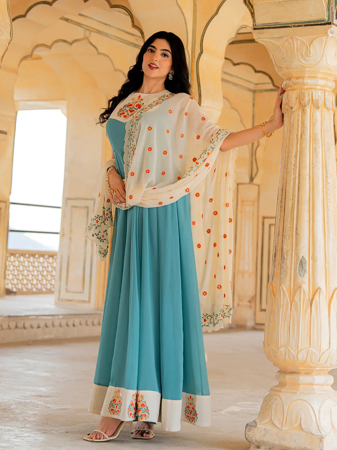 Smalt Blue Sequins Embroidery Georgette Gown