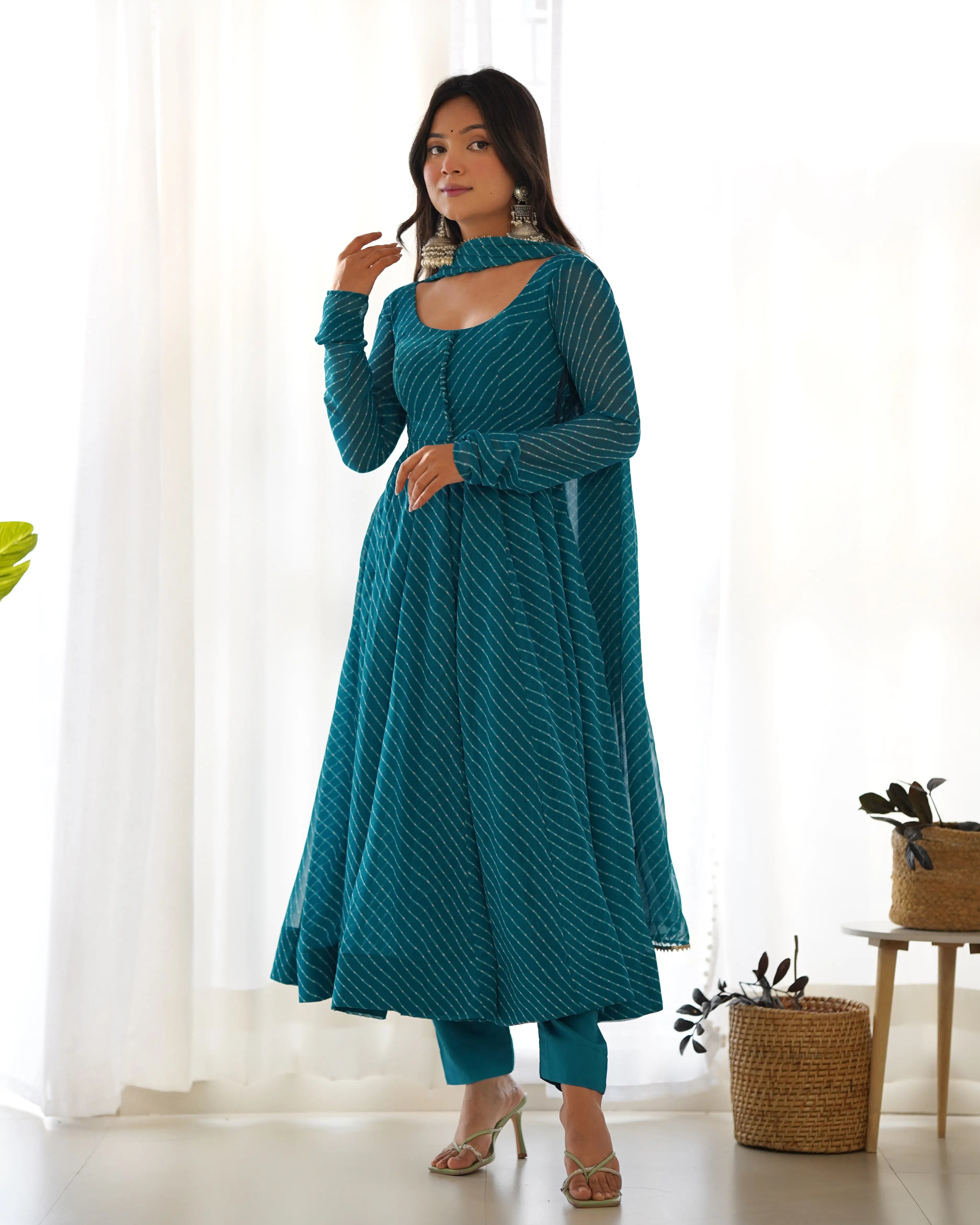 Bottle Green Laheriya Print Georgette Anarkali Gown With Dupatta