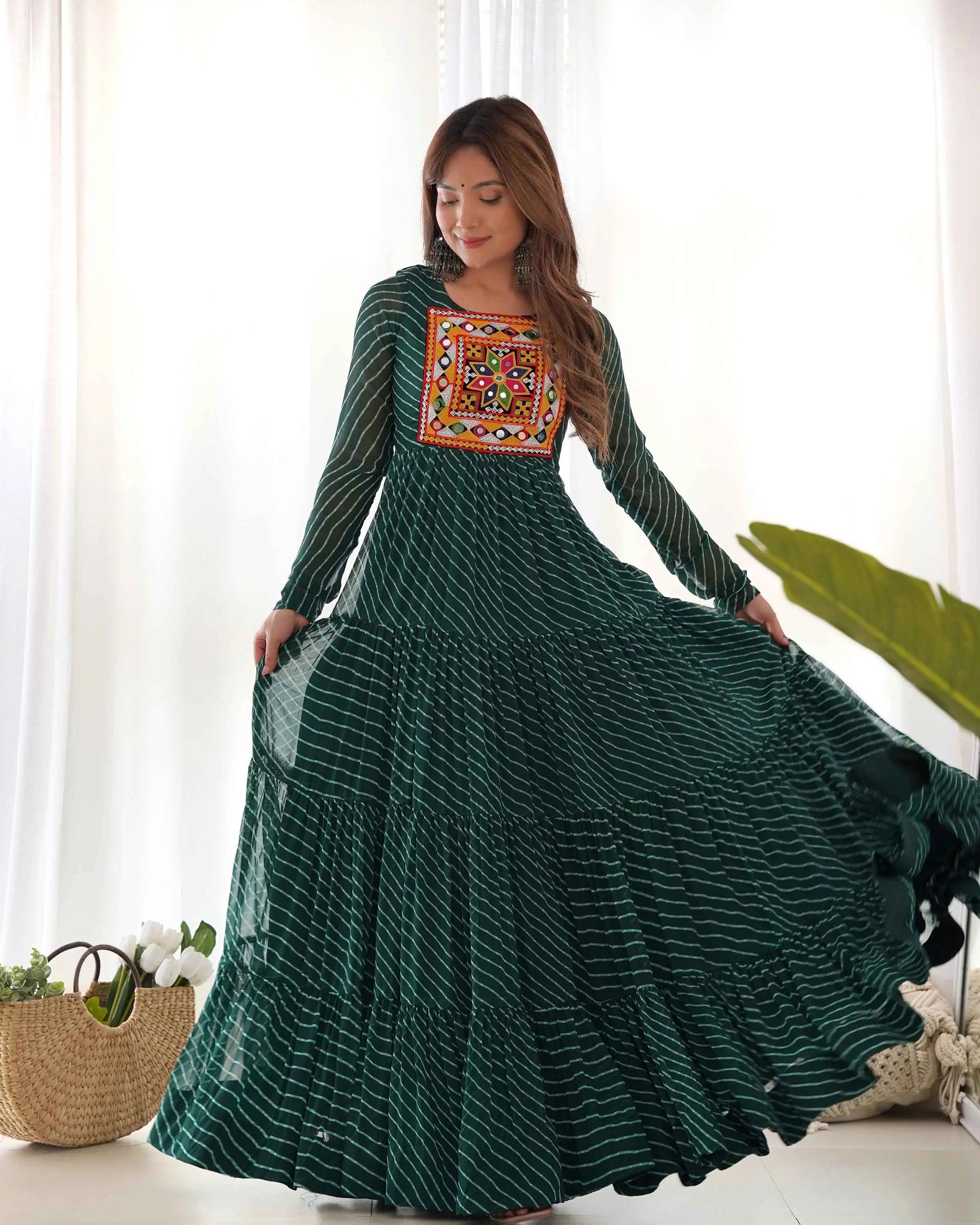 Dark Green Laheriya Print With Gamthi Patch Work Navratri Gown