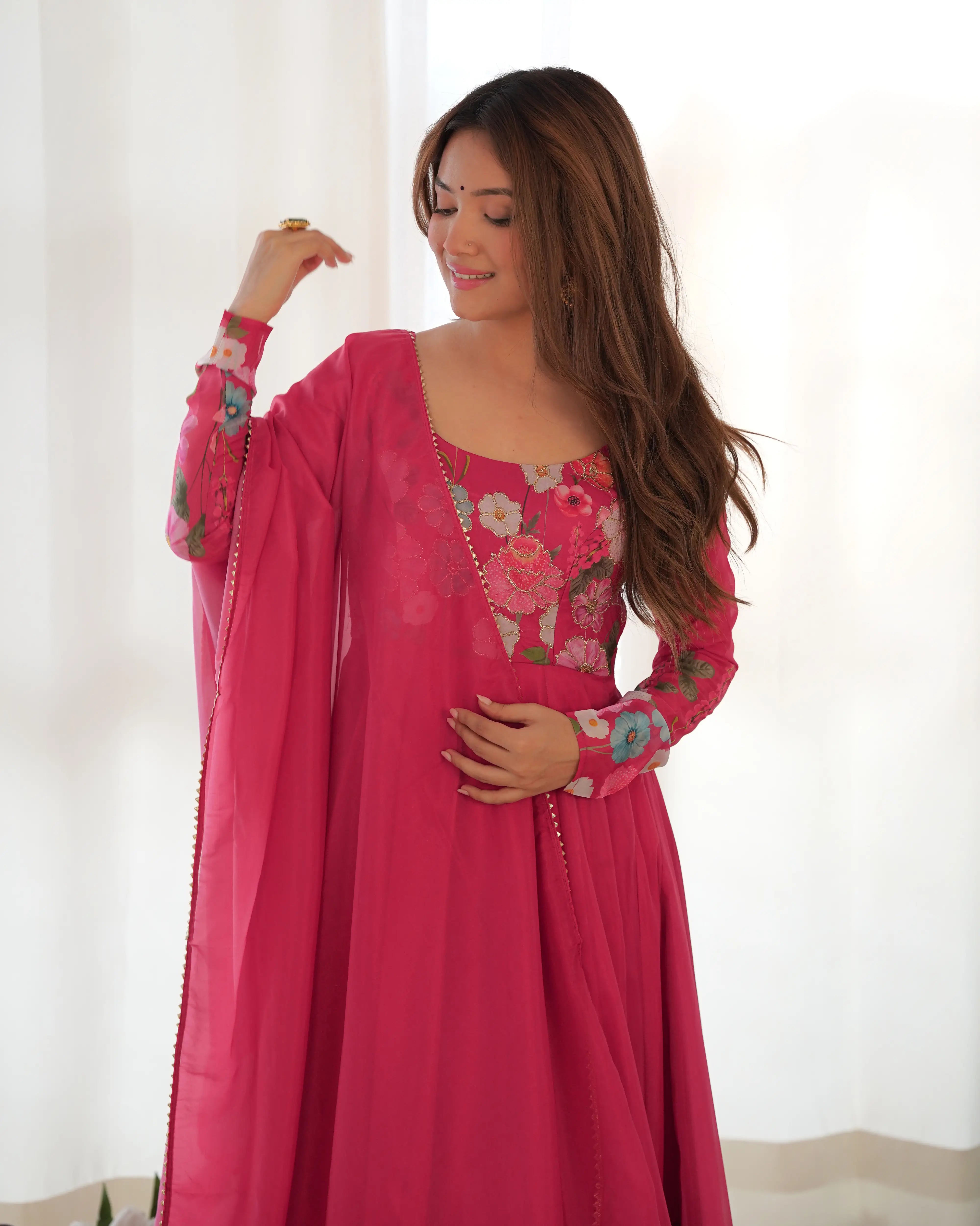 Dark Pink Multi Color Floral Print Organza Gown With Dupatta