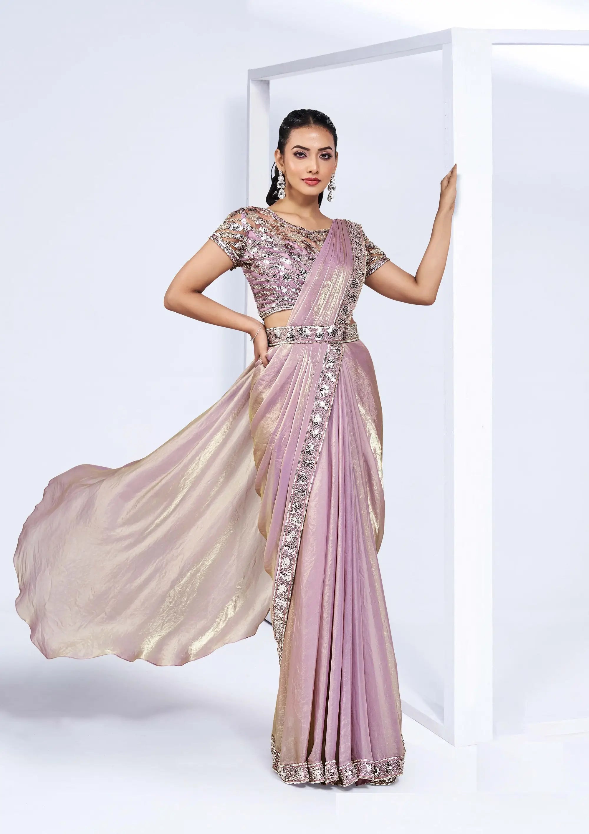 Lavender Satin Silk Ready To Wear One Minute Saree With Handwork Blouse